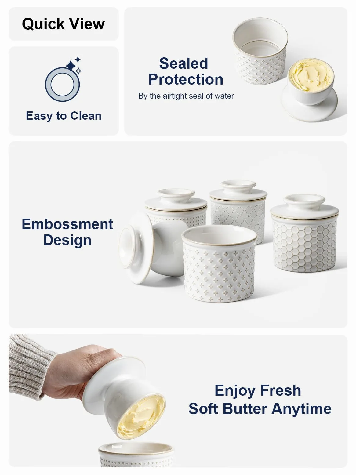 LE TAUCI Cloche à beurre, pot à beurre pour comptoir avec ligne d'eau, beurre français en relief avec couvercle pour tartiner, convient pour pendaison de crémaillère, lot de 1, blanc arctique