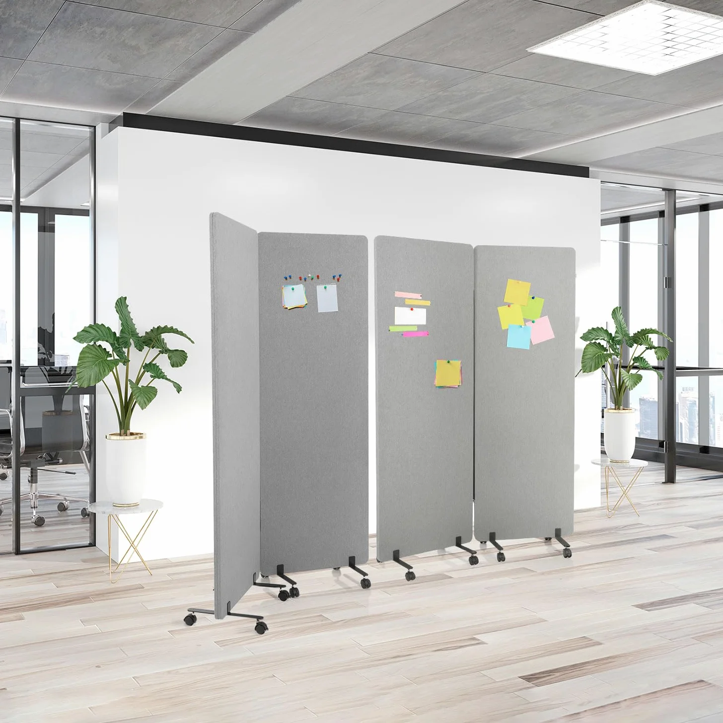 hjh OFFICE 891001 Cloison de Séparation Acoustique Mobiles FLEXMIUT 177 x 60 cm, Lot de 2, Paravent avec roulettes et Patins, Tissu Gris Clair