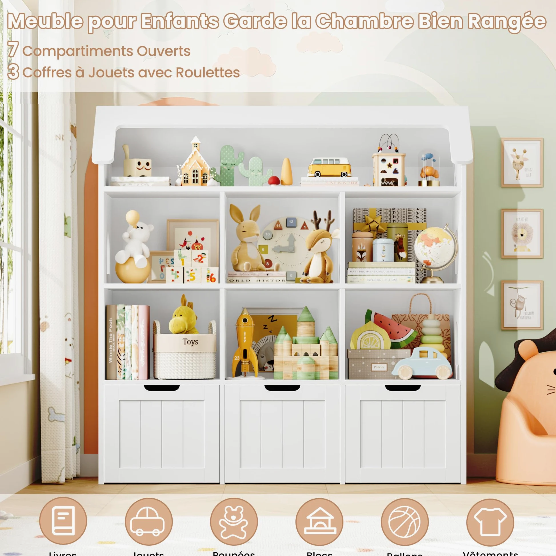 FOREHILL Meuble Rangement Enfant, Maison de Poupée, Bibliothèque Enfant avec 7 Étagères 3 Tiroirs Roulants, Rangement Jouet Chambre Enfant, 120x30x117.5cm, Blanc