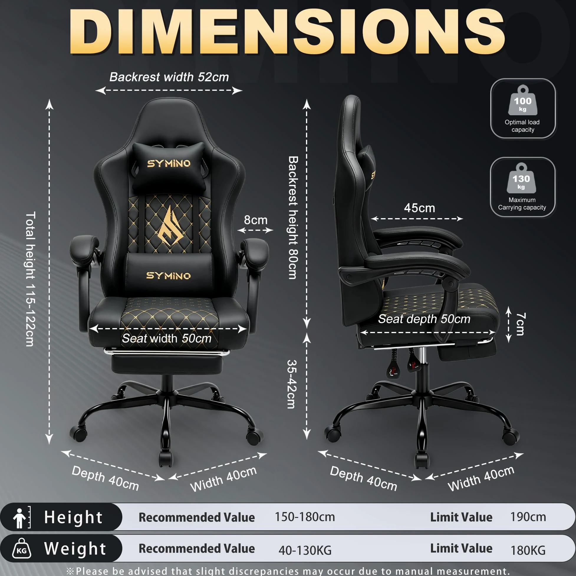 Symino Chaise de Gamer Ergonomique, Chaise Gaming avec Soutien Lombaire Repose-Pieds, Fauteuil de Bureau réglable et pivotant capacité de Charge 150 kg, Cuir PU Noir