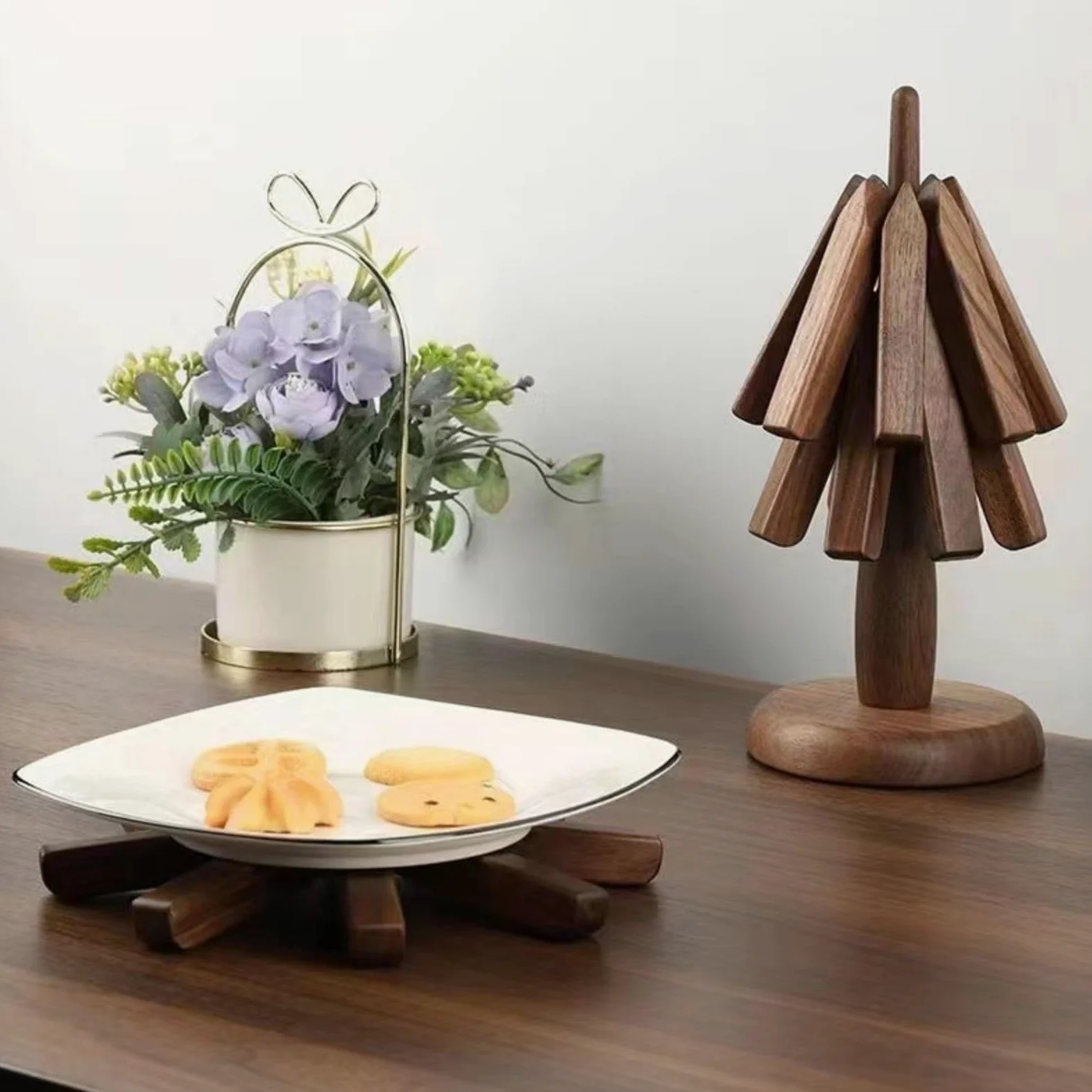 Dessous de plat arbre pliable design – Set bois de noyer – Antidérapant & résistant à la chaleur – Idéal salon, cuisine, bureau – Support théière multifonction – Accessoire maison décoratif