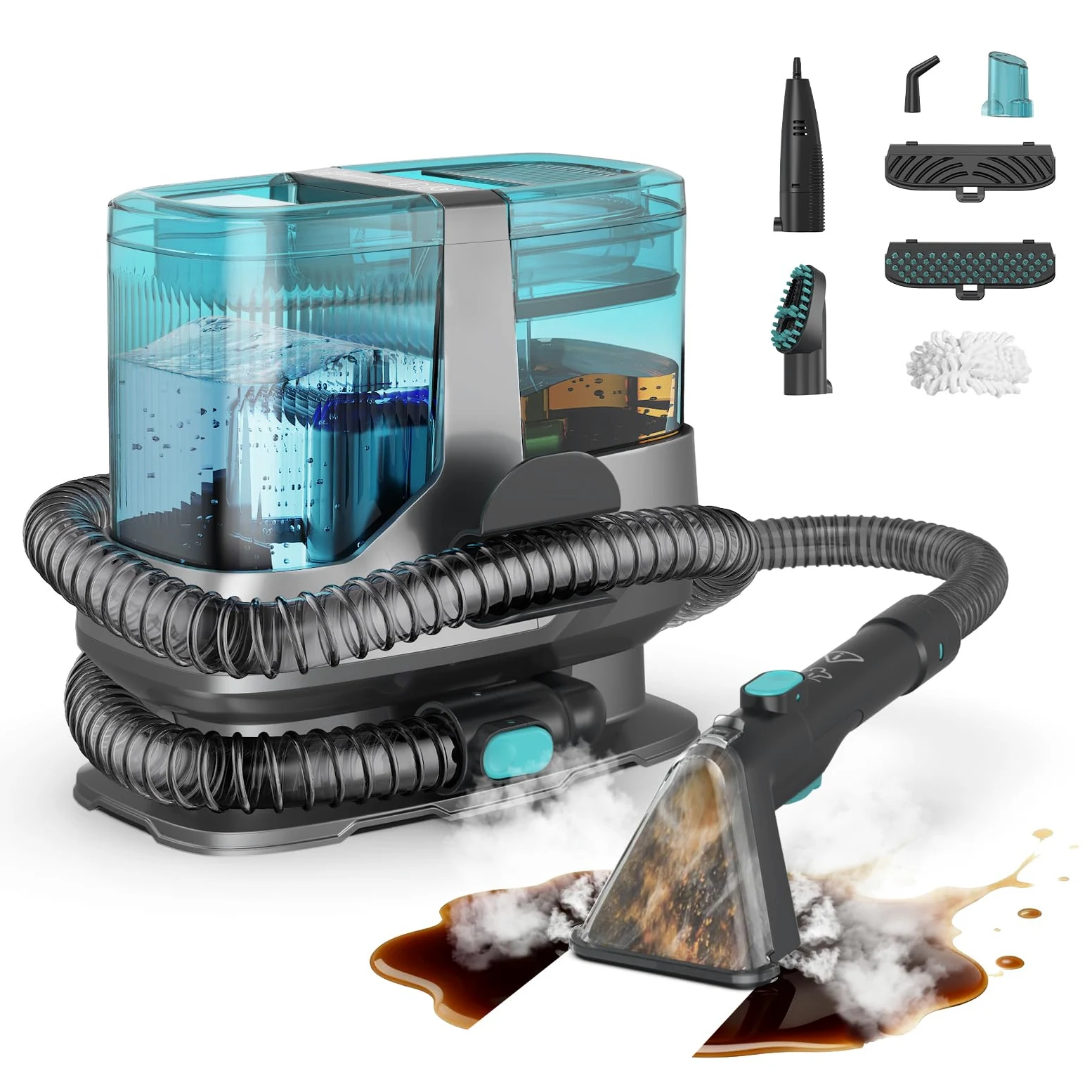 Nettoyeur de tapis à vapeur portable, vapeur à 95 °C et puissance d'aspiration de 18 kPa, nettoyeur de taches pour animaux de compagnie, enfants, tissus d'ameublement, canapés et entretien automobile