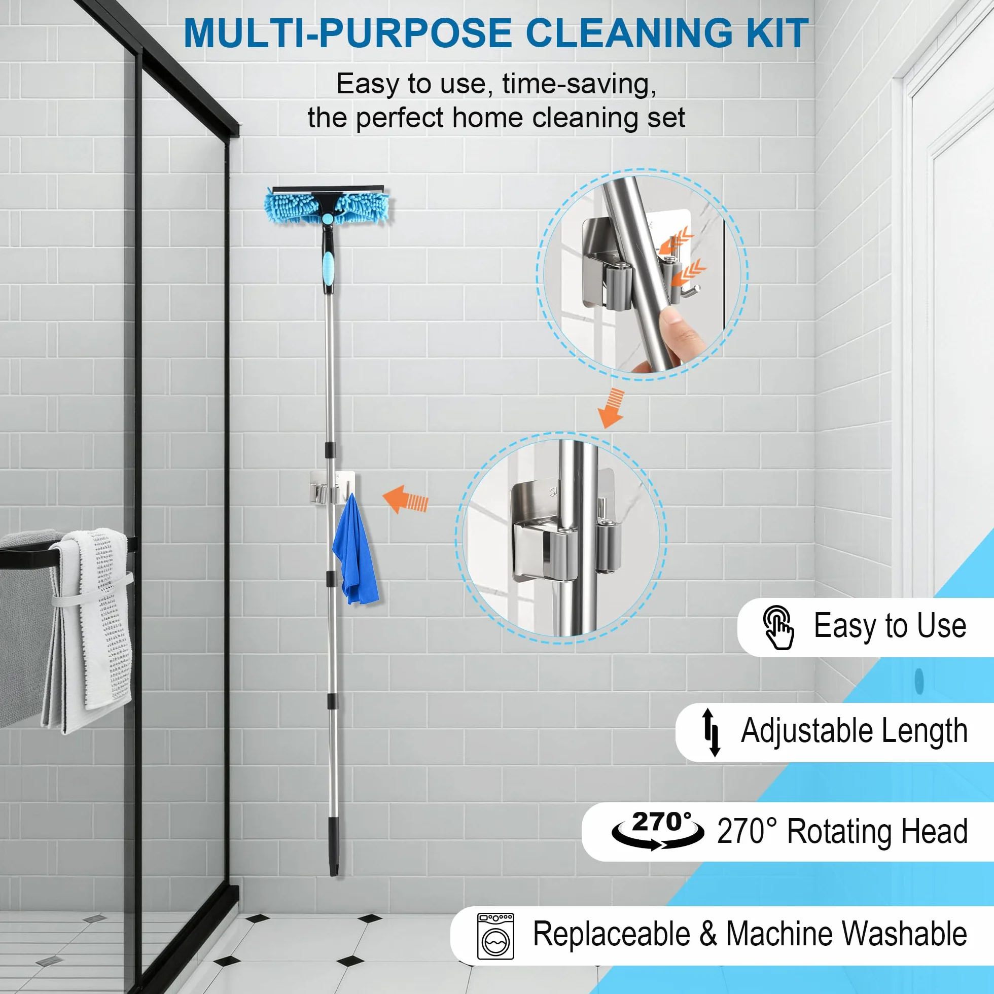 3 en 1 kit Nettoyage vitre 170 cm，Lave vitre telescopiqueavec Manche Long, Mouilleur vitre Professionnel avec Manche Télescopique 4 Sections, pour Fenêtres Hautes, l'Extérieur, Verre，Salle Bain