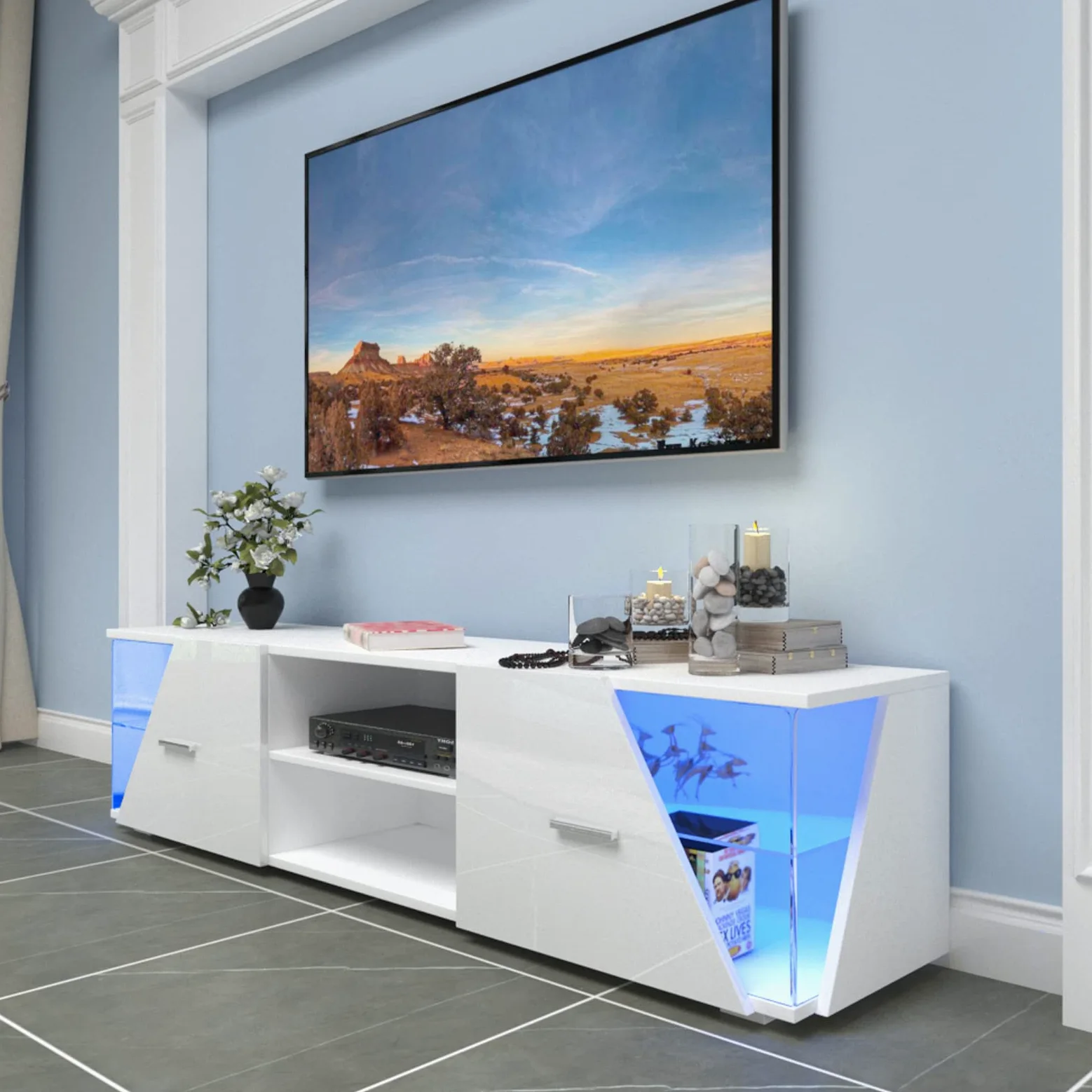 Dripex Meuble TV Bas Blanc Brillant avec éclairage LED 150 x 37 x 35 cm