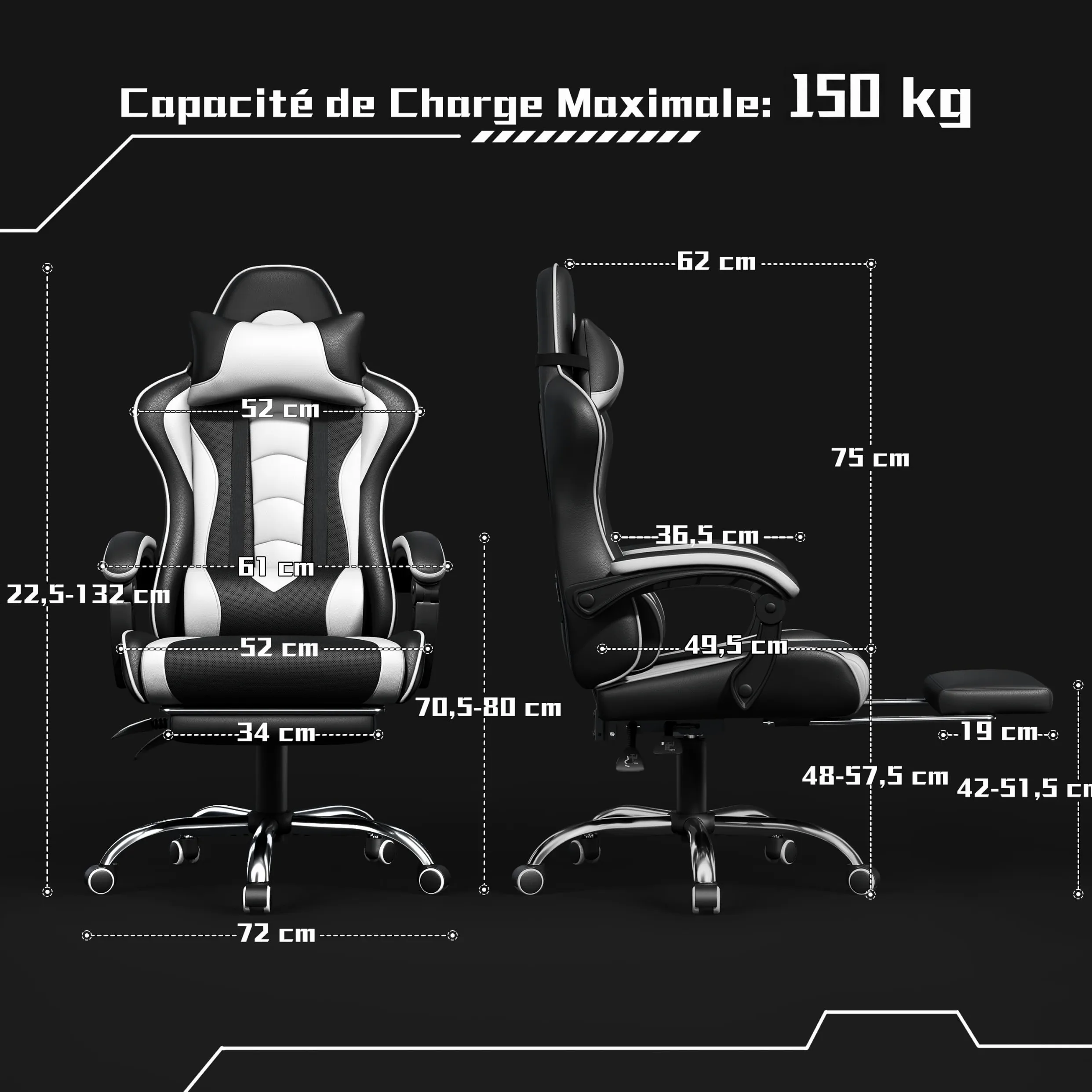 Yaheetech Chaise Gaming Ergonomique Massante avec Repose-Pieds Inclinable Rembourré en Similicuir, Fauteuil de Bureau avec Appui-tête et Support Lombaire Roues Pivotantes Blanc