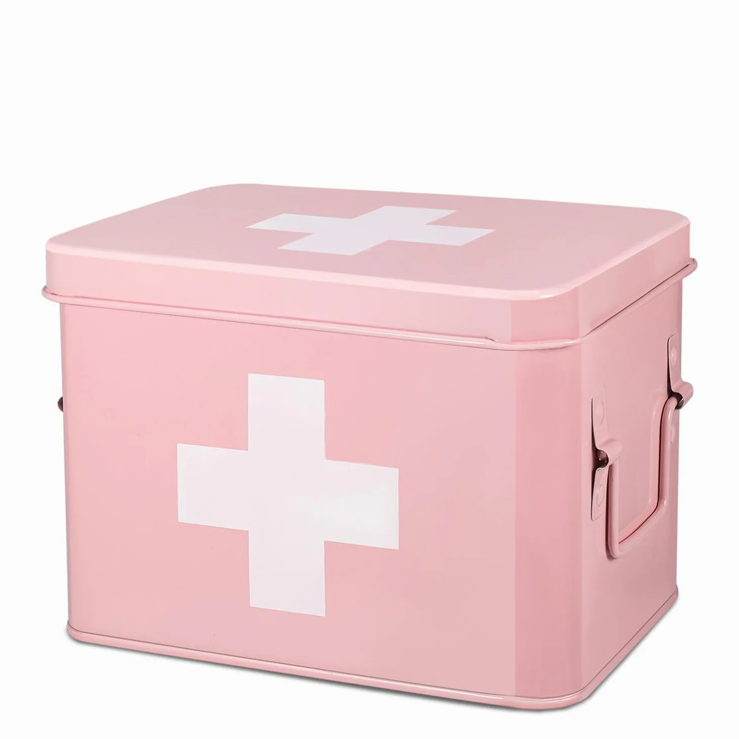 Flexzion Boîte de premiers secours, boîte de premiers secours, vide de 21,6 cm, rose vintage, boîte médicale, boîte de rangement de premiers secours, bacs avec séparateurs, plateau amovible et logo en
