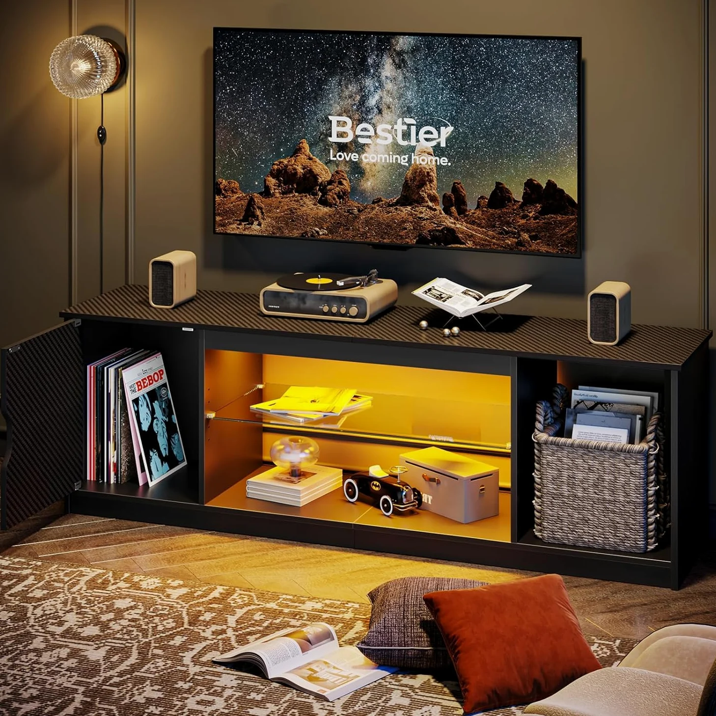 Bestier Support TV LED 145 cm pour TV de 55/60/65" avec Armoire pour PS5, Moderne, avec étagères en Verre réglables, pour Salon, Chambre à Coucher, Fibre de Carbone Noire