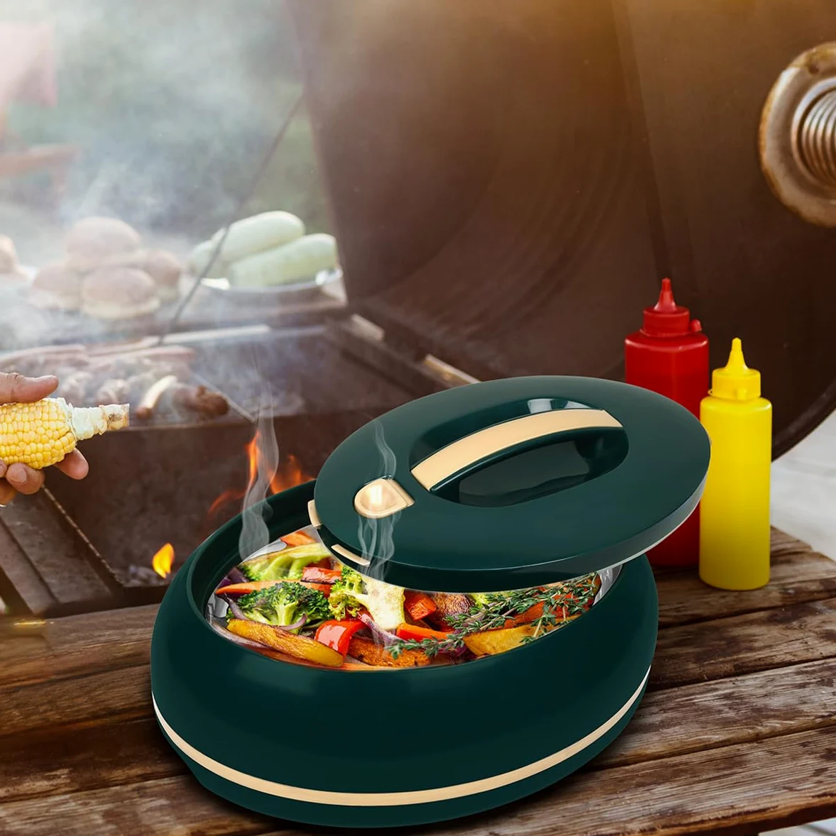 Grand plat de transport isotherme ovale élégant - Couvercle ouvert à une main - 3,15 l - Réchauffeur/refroidisseur de luxe - Bol de service thermique pour buffet/fête - Récipient pour aliments chauds