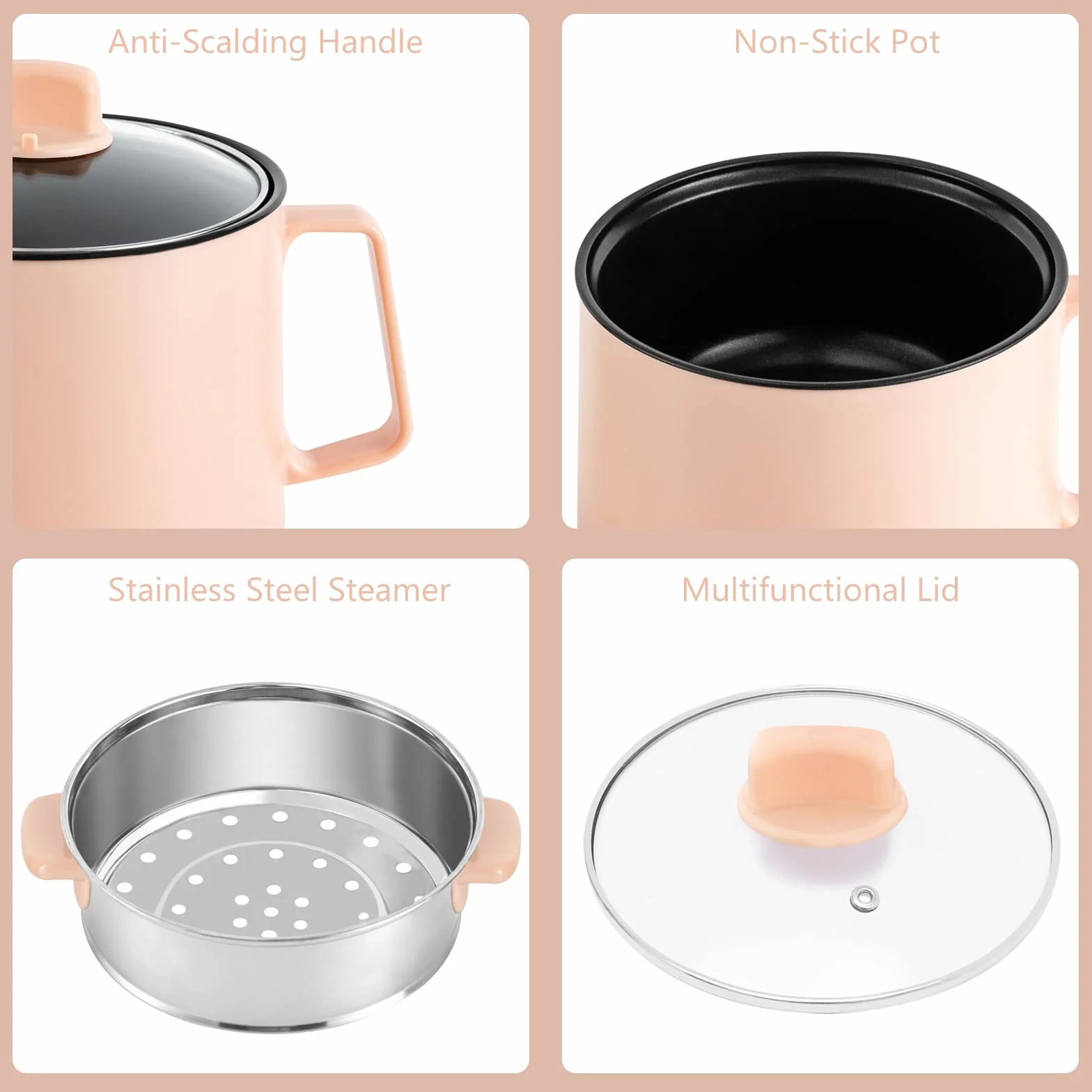 Appareil à Fondue Electrique Portable Thermostat RéGlable Couche Panier Vapeur RevêTement AntiadhéSif PoignéE RéSistante Chaleur Multifonction Fromage Chocolat Hot Pot Fondue (Rose)