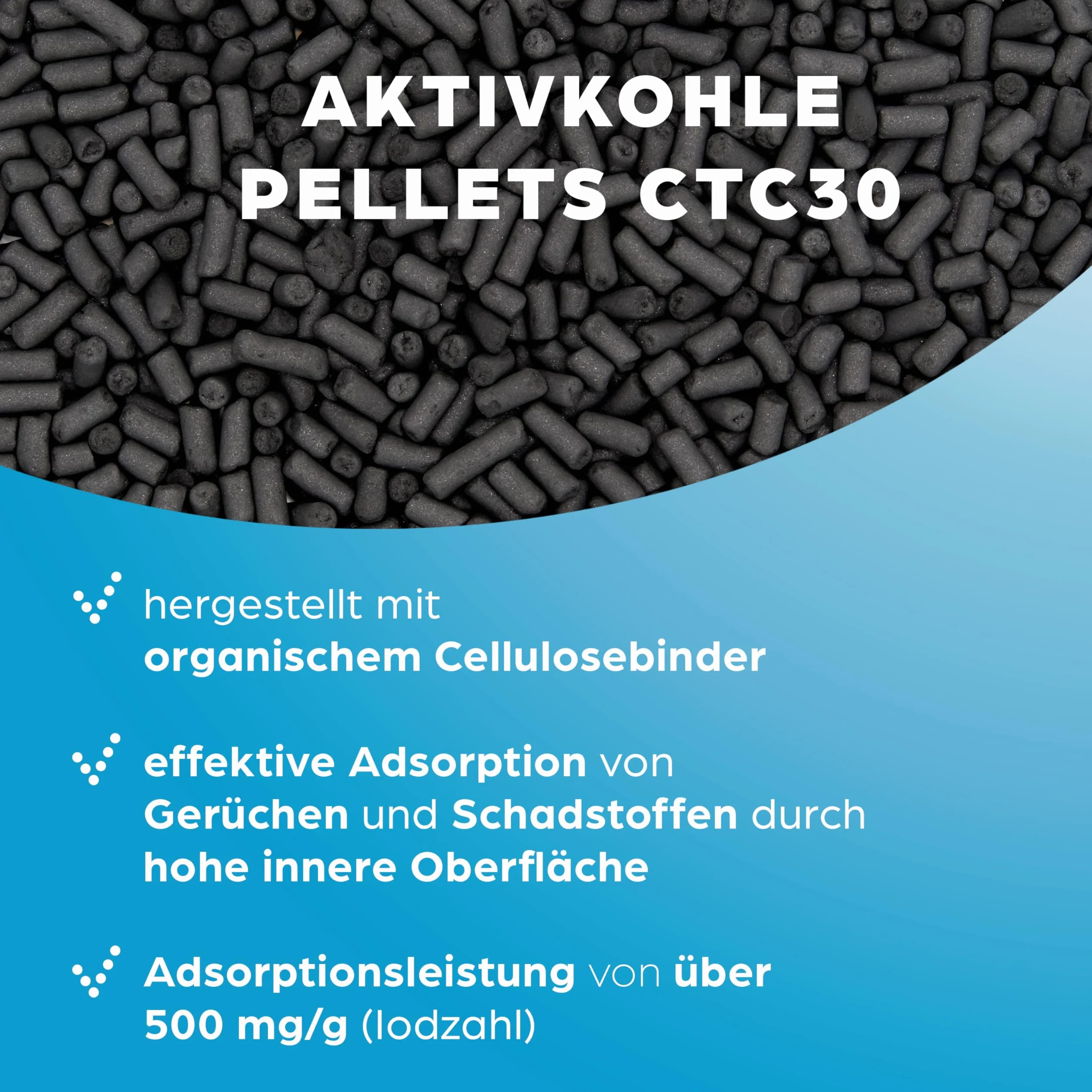 CTC30 Granulés de charbon actif 10 l pour la purification de l'air et le nettoyage du gaz, par exemple pour hottes aspirantes, diamètre 4 mm, classe énergétique A