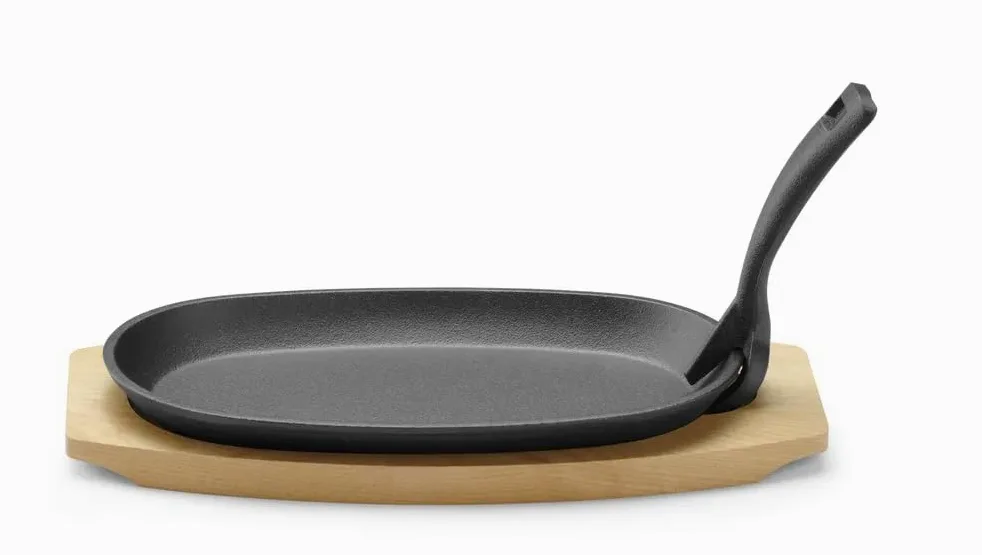 Plat en Fonte avec Dessous en Bois et poignée avec Pince, Noir, 280x140x(H) 30mm - Hendi