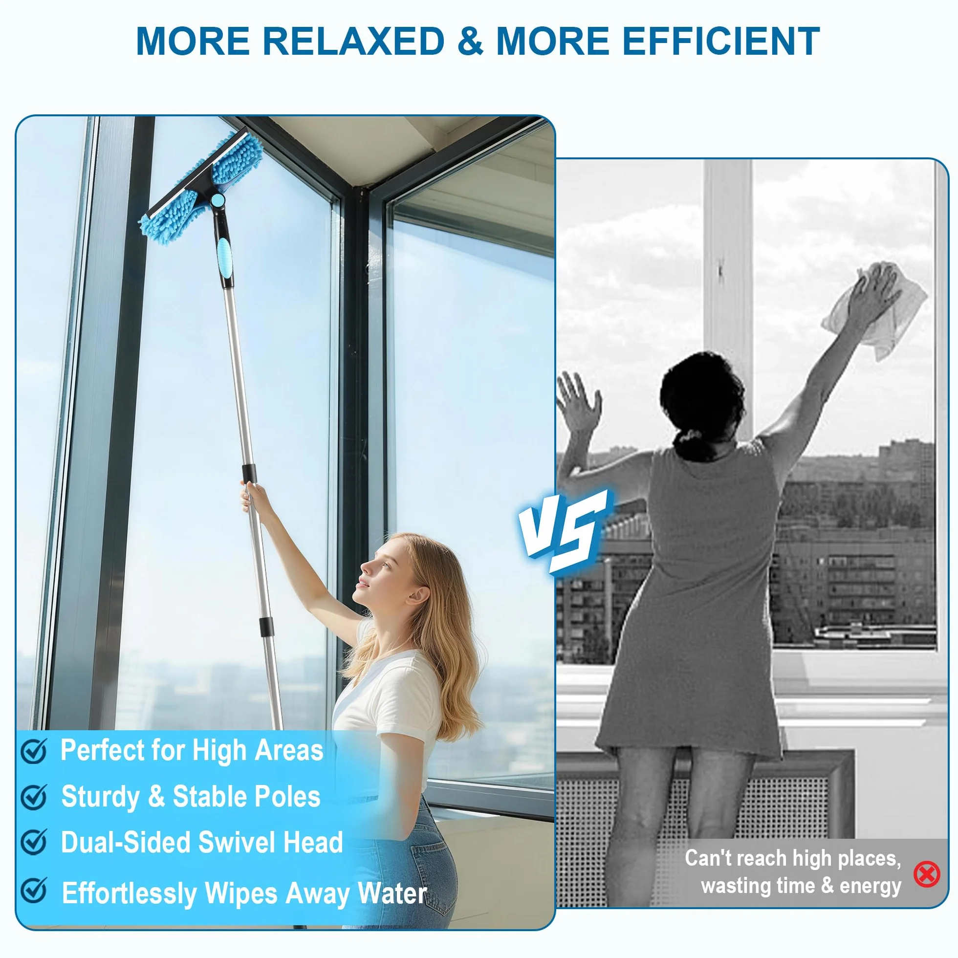 3 en 1 kit Nettoyage vitre 170 cm，Lave vitre telescopiqueavec Manche Long, Mouilleur vitre Professionnel avec Manche Télescopique 4 Sections, pour Fenêtres Hautes, l'Extérieur, Verre，Salle Bain