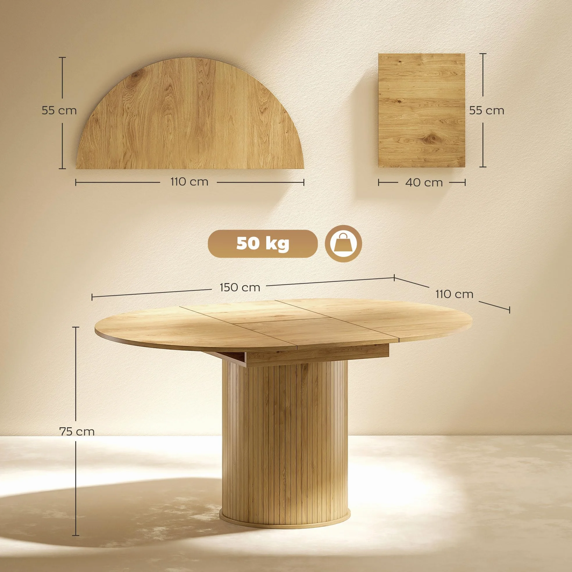 HOMCOM Table à Manger Extensible, Table de Cuisine, pour 6 à 8 Personnes, pour Petits espaces, Style campagnard, 110-150 x 75 cm, Effet Bois Naturel