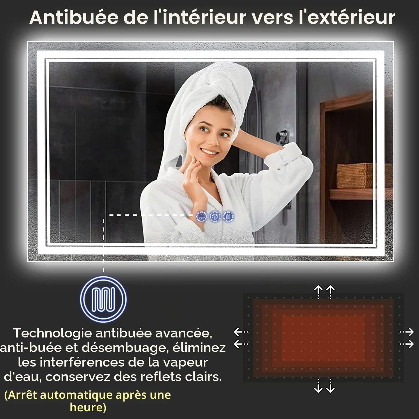 Miroir de Salle de Bain, avec éclairage, 120 x 70 cm, Miroir Mural et Interrupteur Tactile, IP65 LED, avec Fonction mémoire, 3 températures de Couleur, Horizontale/Verticale, Verre trempé HD