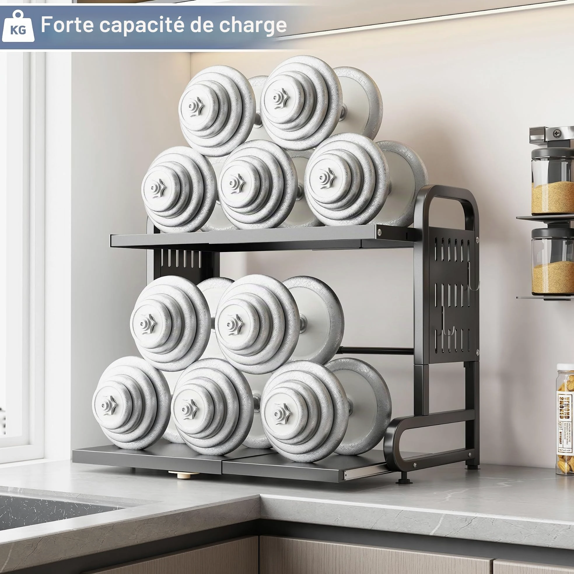 Étagère de Rangement Extensible pour Micro-Ondes, 2 Niveaux Étagère de Cuisine Réglable en Métal et 6 Crochets, Support pour Four, Microwave Oven Storage Rack (Noir)