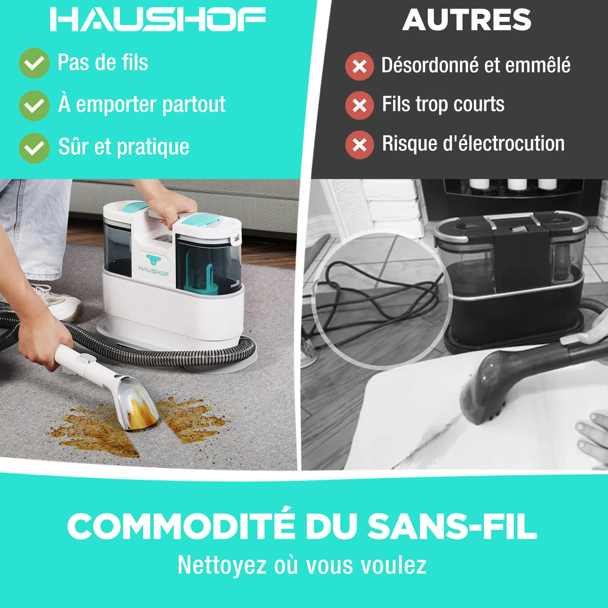 HAUSHOF StainZapper Air Nettoyeur de Tapis Portable 24V avec Nettoyant et Brosses, Nettoyeur Moquettes Shampouineuse pour Canapé, Tissus d'ameublement, Voiture, Escaliers, Tissus, Animaux, 38*20*30 CM