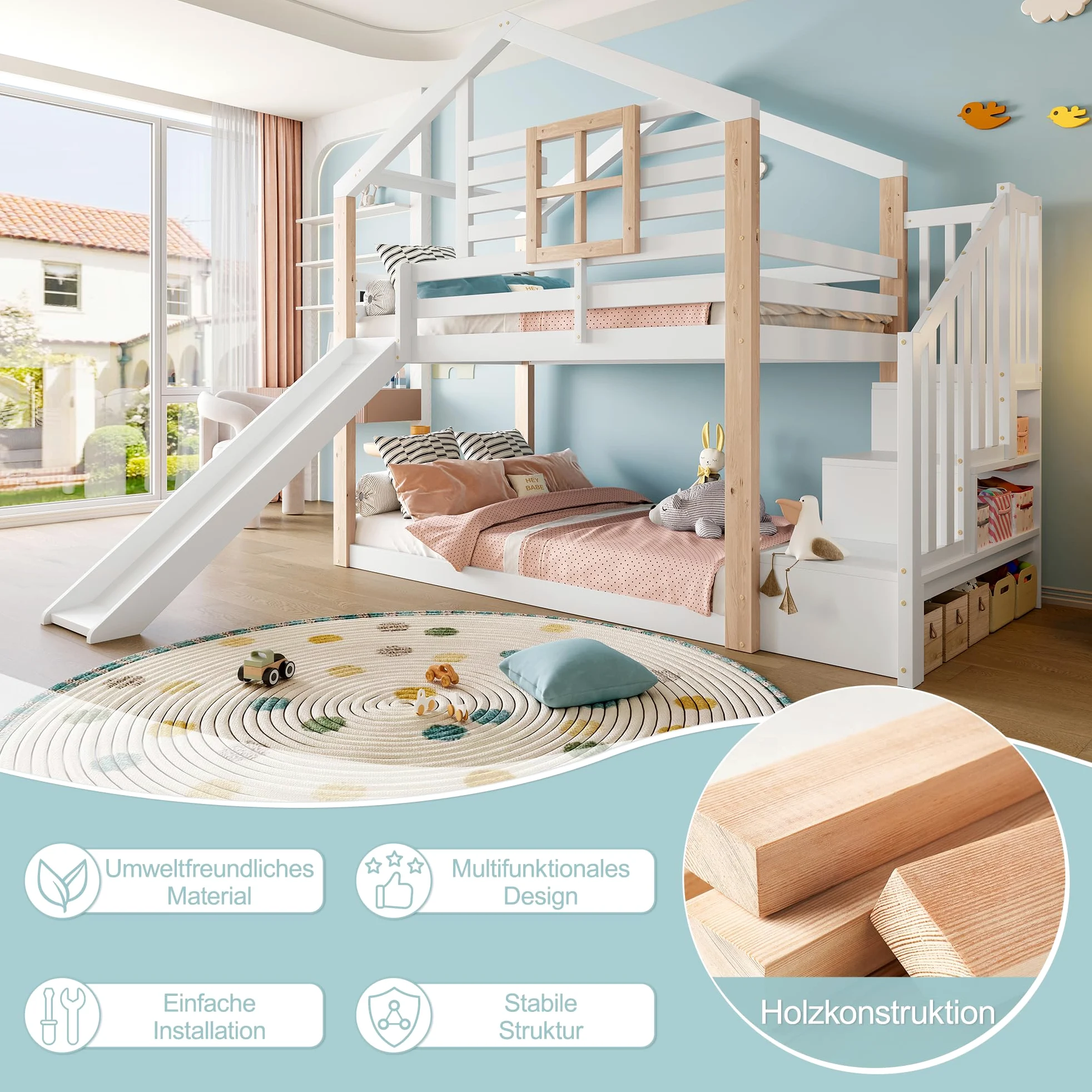 Zepneiy Lit Cabane Enfants 90x200 avec Toboggan et fenêtre, Lit Superposé 2 Places avec Rampe et Espace de Rangement, pour Les frères et sœurs, en Bois Massif Blanc (sans Matelas)