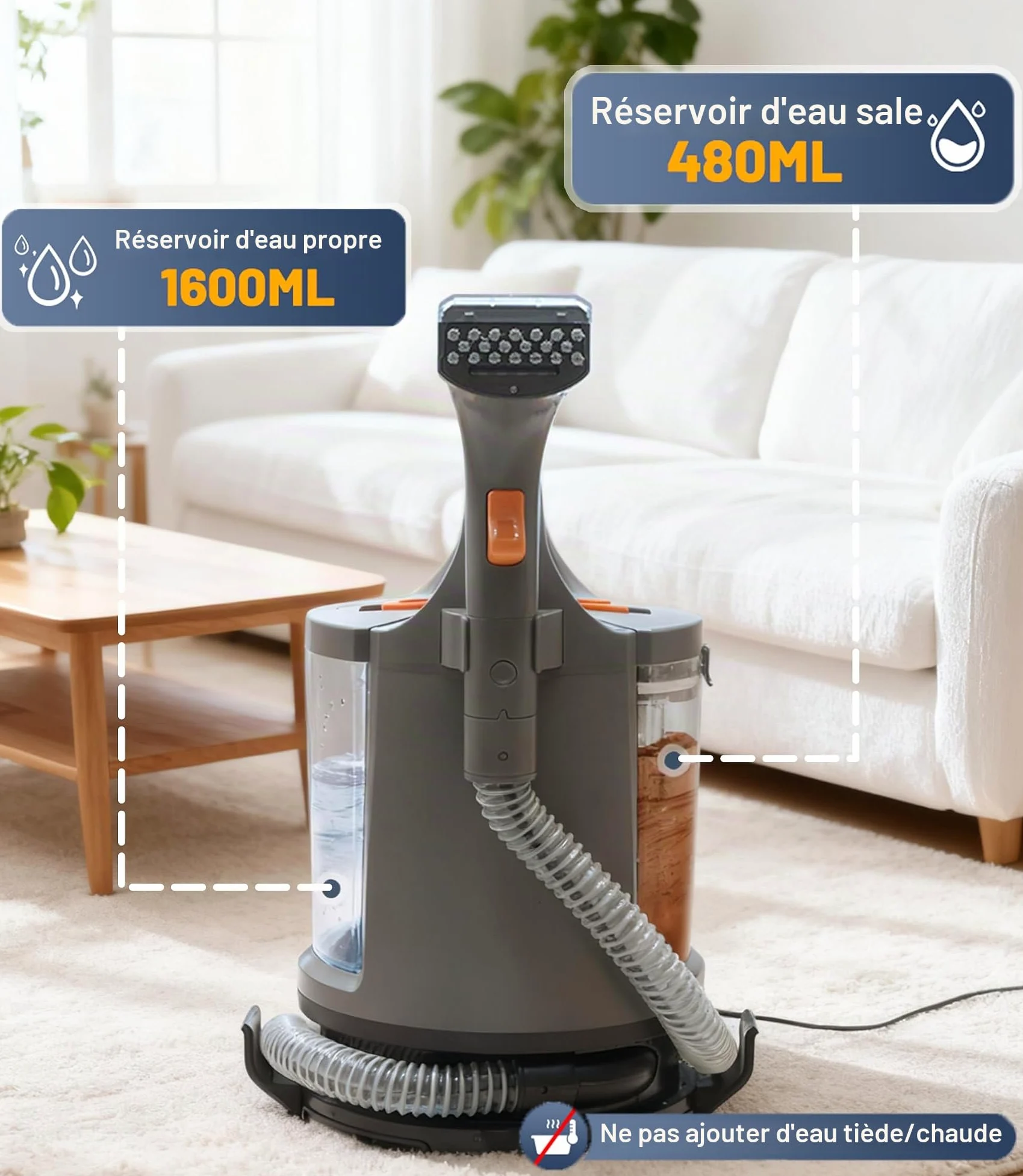 Nettoyeur de tissus d'ameublement 400 W, 12 kPa – Aspirateur portable avec système à 2 réservoirs, nettoyant pour tapis et détachant pour canapé, tapis, voiture, lit et tapis