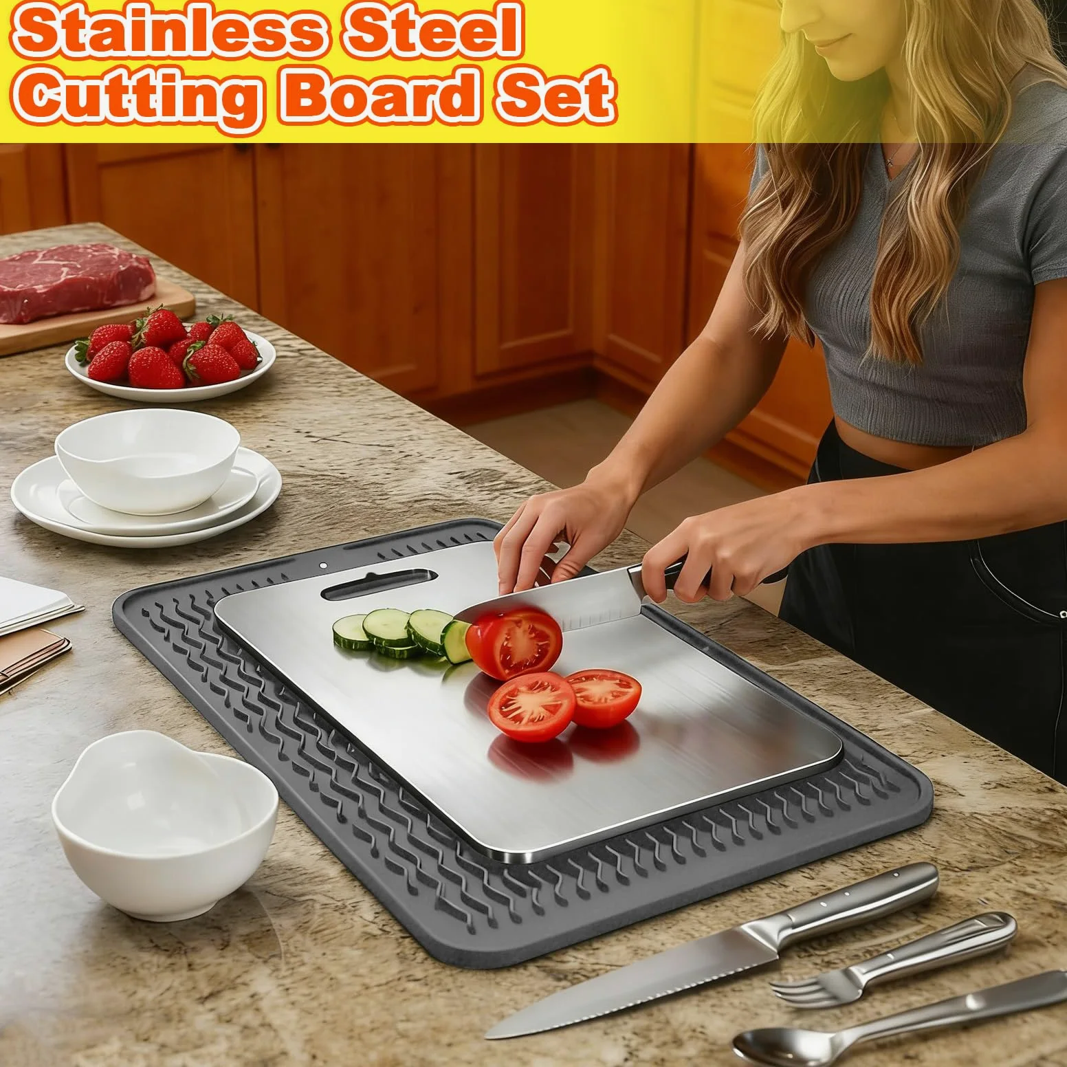 3 Pièces Planche Decouper Titane avec Tapis Silicone, Planches Cuisine Acier Inoxydable, Cutting Board Face Double Qualité Alimentaire,Planche Hygiénique Lave-Vaisselle pour Viande,Légumes et Fruits