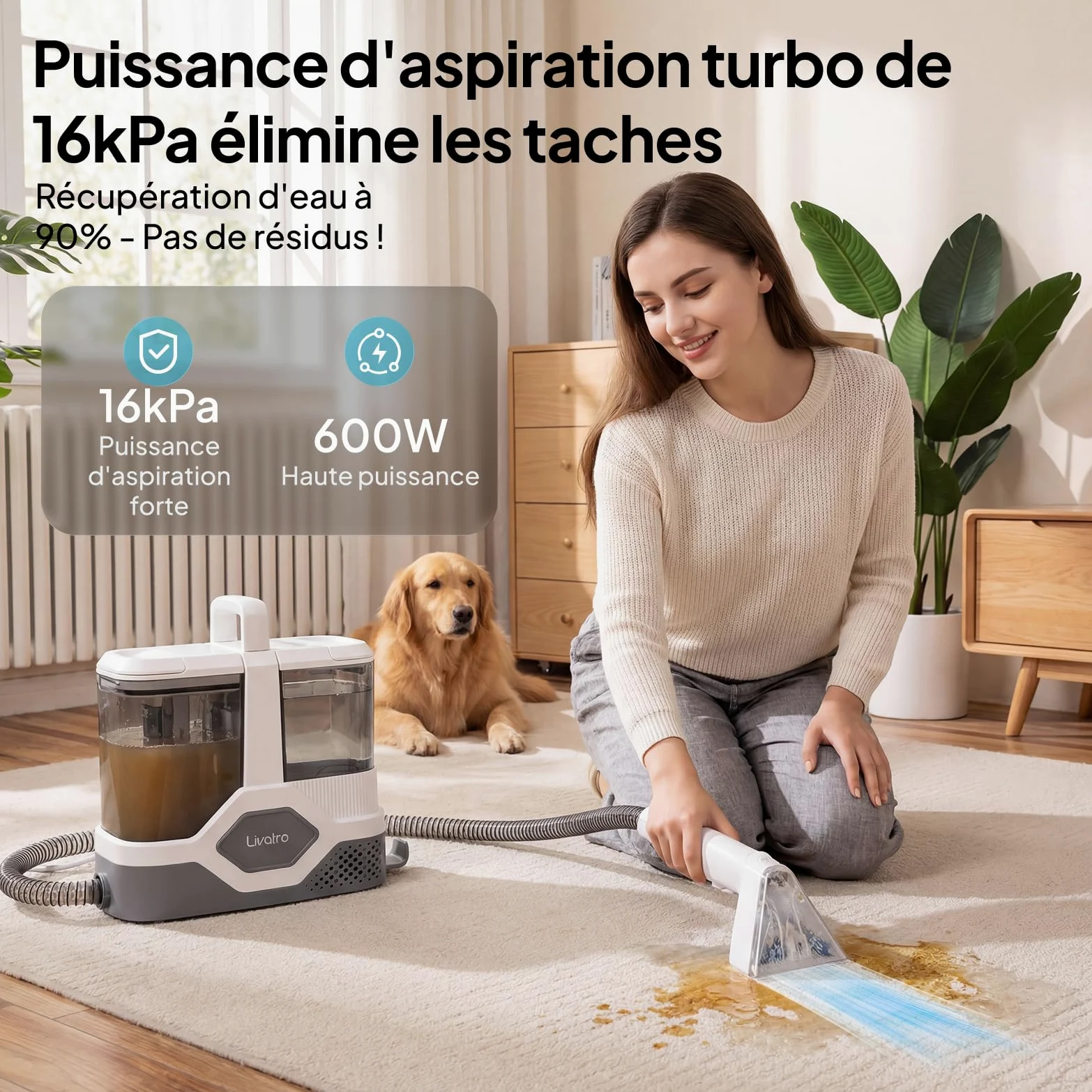Livatro Shampouineuse Nettoyeur Canapé Tissu, 600W 16KPa Injecteur Extracteur, Fonction Autonettoyante, Réservoir 2,3 L, Compact et Portable, Shampouineuse Canape pour Tapis, Moquettes, Meubles, Auto