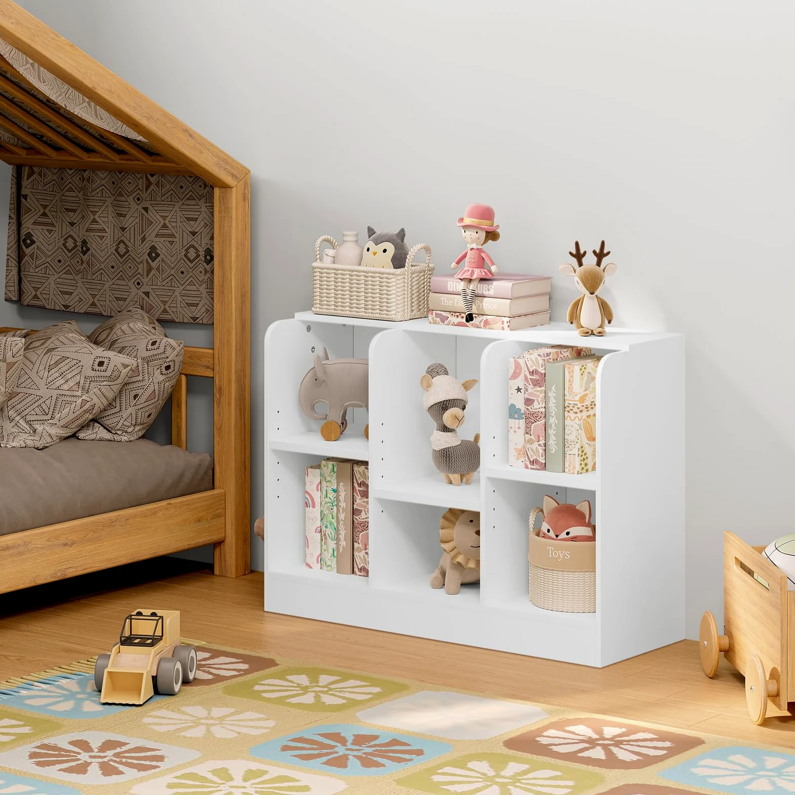 Lestarain Bibliothèque Enfant, Étagère à 6 Compartiments, Meuble Rangement avec Étagères Réglables, pour Chambre d'Enfant, Salle de Jeux, 91,5x30x60cm, Blanc