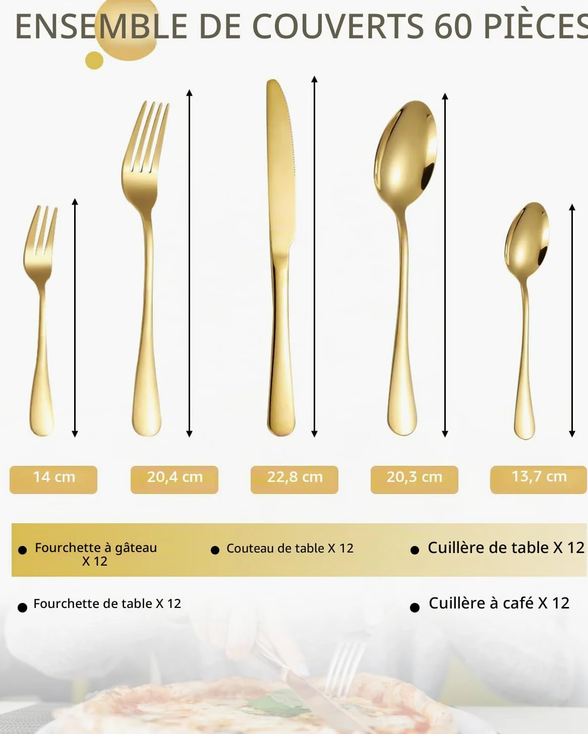 Couverts de Table 12 Personnes, Ménagère 60 Pièces Couverts Dorés | Polis et Lavables au Lave-Vaisselle, Couverts Table Doré, avec Couteaux/Fourchettes/Cuillères, pour Maison, Fête, Restaurant