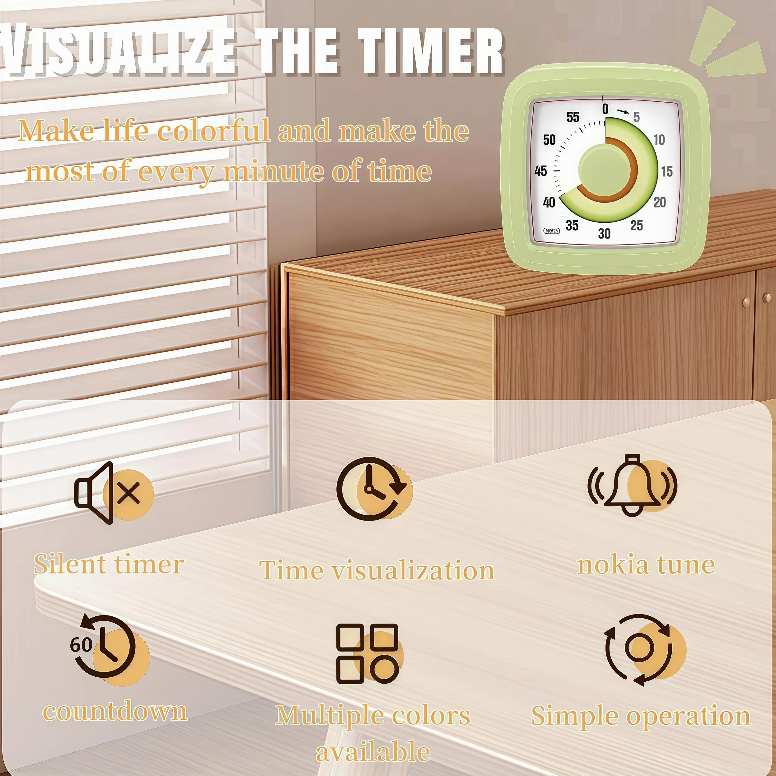 Minuteur visuel pour enfants pour cuisine, salle de classe, cuisine, apprentissage, chambre, bureau, compte à rebours de 60 minutes Pomodoro pour enfants atteints d'autisme et de TDAH (style avocat)