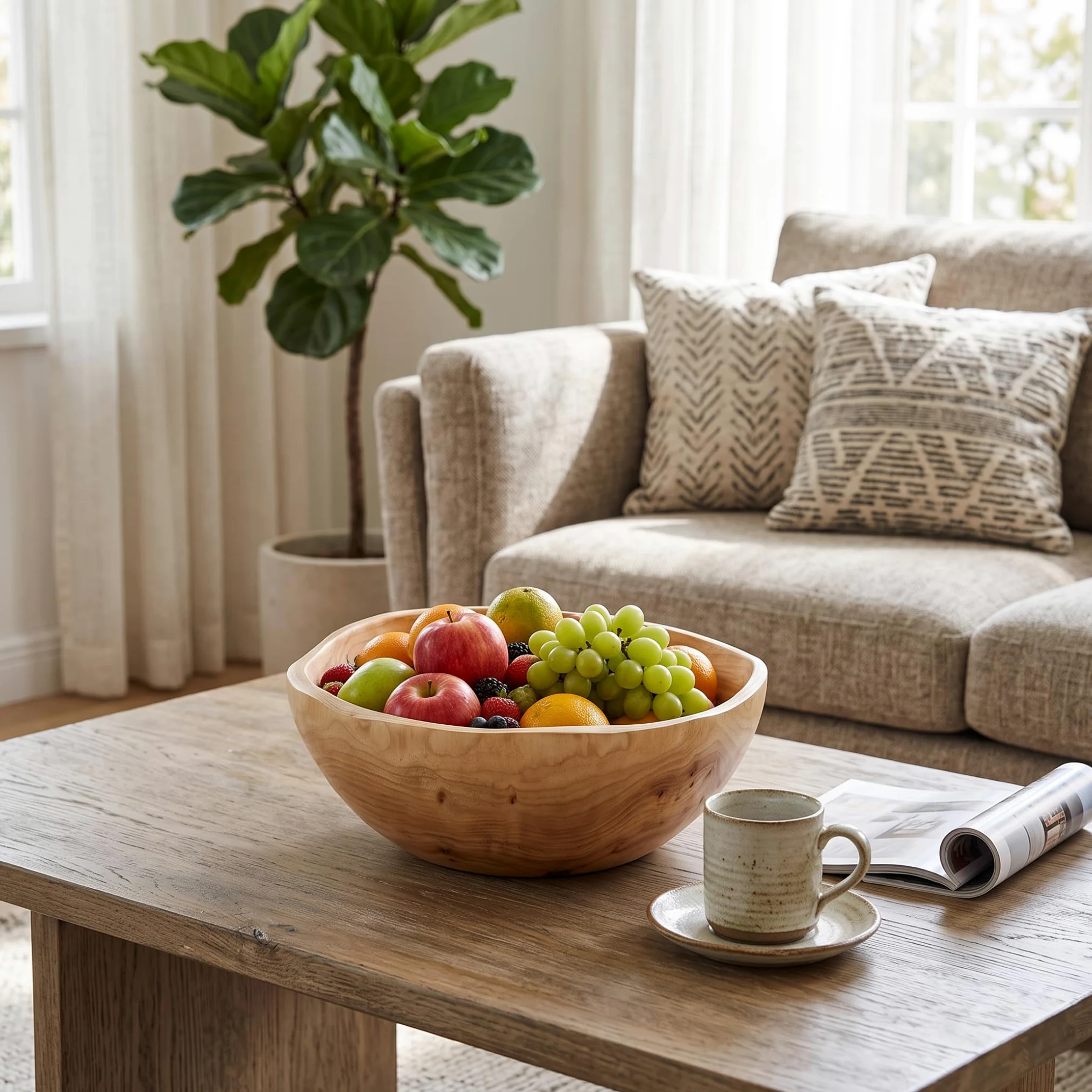 Bol en bois avec bol décoratif à revêtement de grain naturel, 10-11 pouces | Lisse sans bord, construction robuste, lavage facile, convient aux fruits, salades, bijoux, clés.