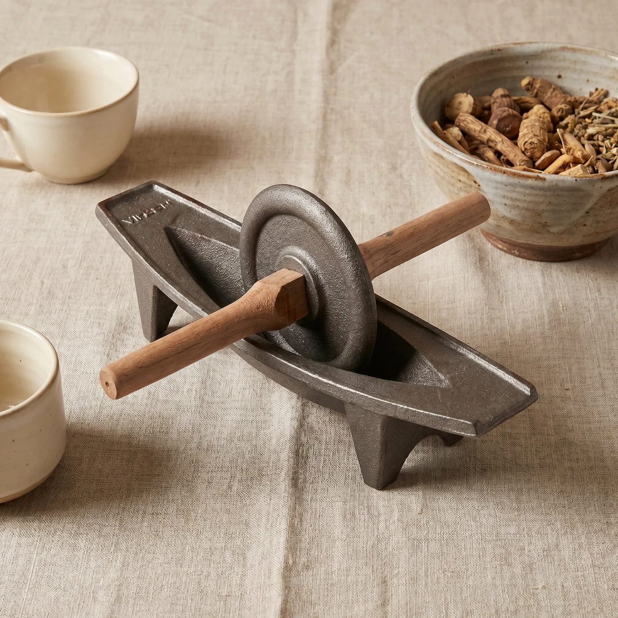 Zerodeko 1 Mortier et pilon - Moulin à manivelle traditionnel chinois avec tige en bois - Broyeur manuel pour ingrédients secs, thé