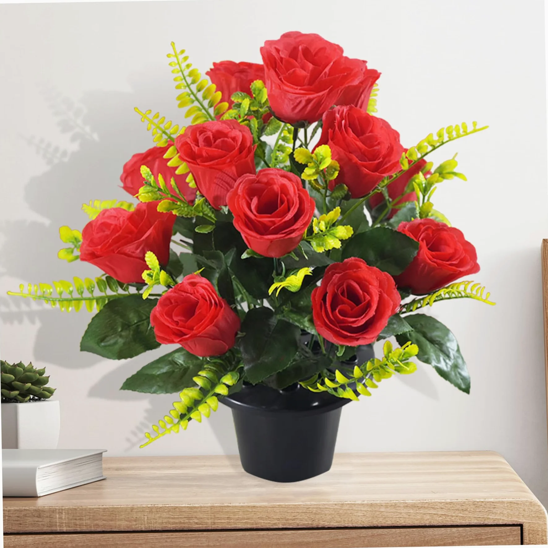 Fleurs de cimetière avec Roses de cimetière en Pot nécessitant Peu d'entretien avec têtes Fleurs en Tissu Soie, Roses artificielles pour Tombe, et funérailles.