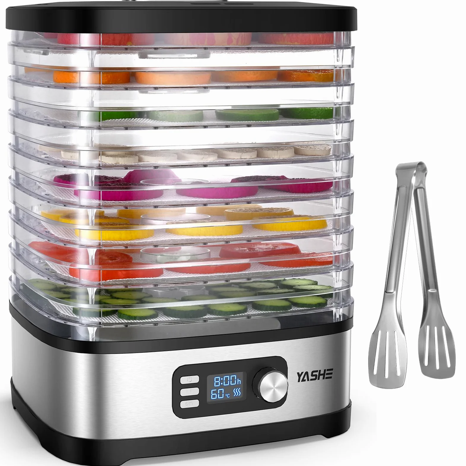 YASHE Deshydrateur Alimentaire 8 Plateaux, Minuteur Digital & Température Réglable, Plateaux Sans BPA, Feuilles en Maille & Rouleaux de Fruits, Pince Inox, Pour Jerky, Fruits, Légumes et Herbes