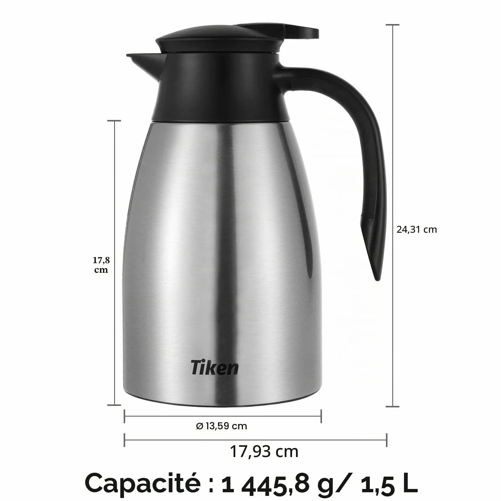 Tiken 1.5L Carafe à Café Isotherme en Acier Inoxydable, pour Boissons Chaudes ou Froides - Résiste à l'épreuve du Temps, Anti-fuites et Facile à Utiliser