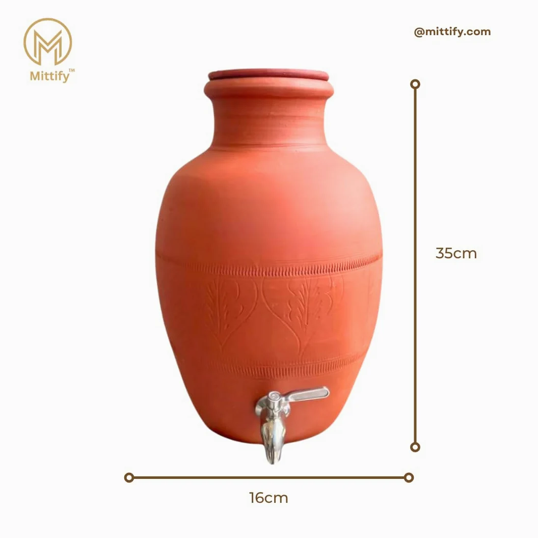 Pot d'eau fait main en terre cuite Rajasthani en acier inoxydable | Distributeur de terre 100 % écologique | Mitti ka Matka – 8 litres