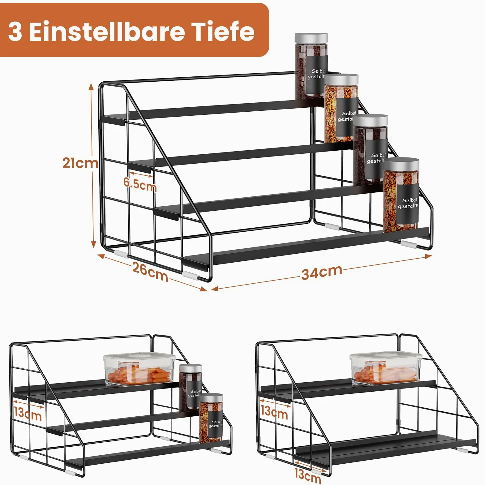 Lot de 2 étagères à épices debout à 4 niveaux, hauteur réglable (2/3/4 niveaux) et sans perçage, en métal noir, avec crochets en S et étiquettes, organisateur d'épices pour cuisine, armoire