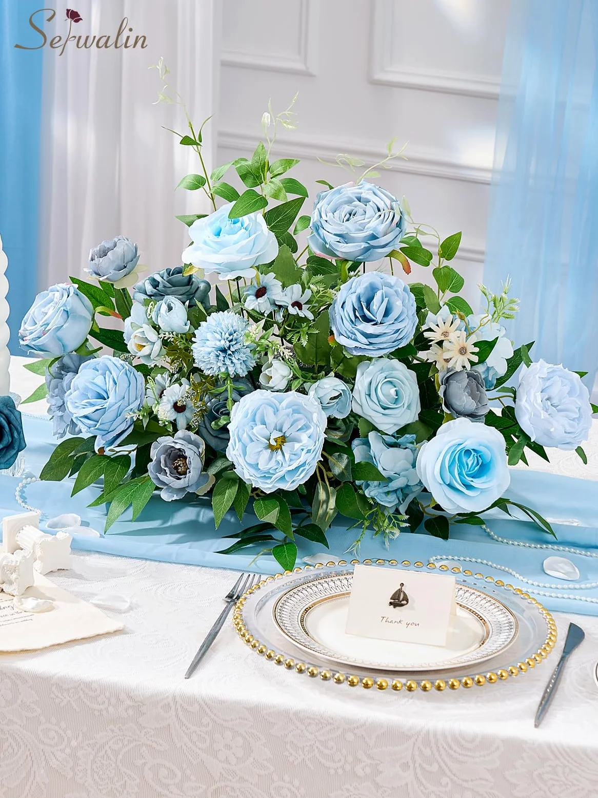 Serwalin Fleurs artificielles bleues en soie