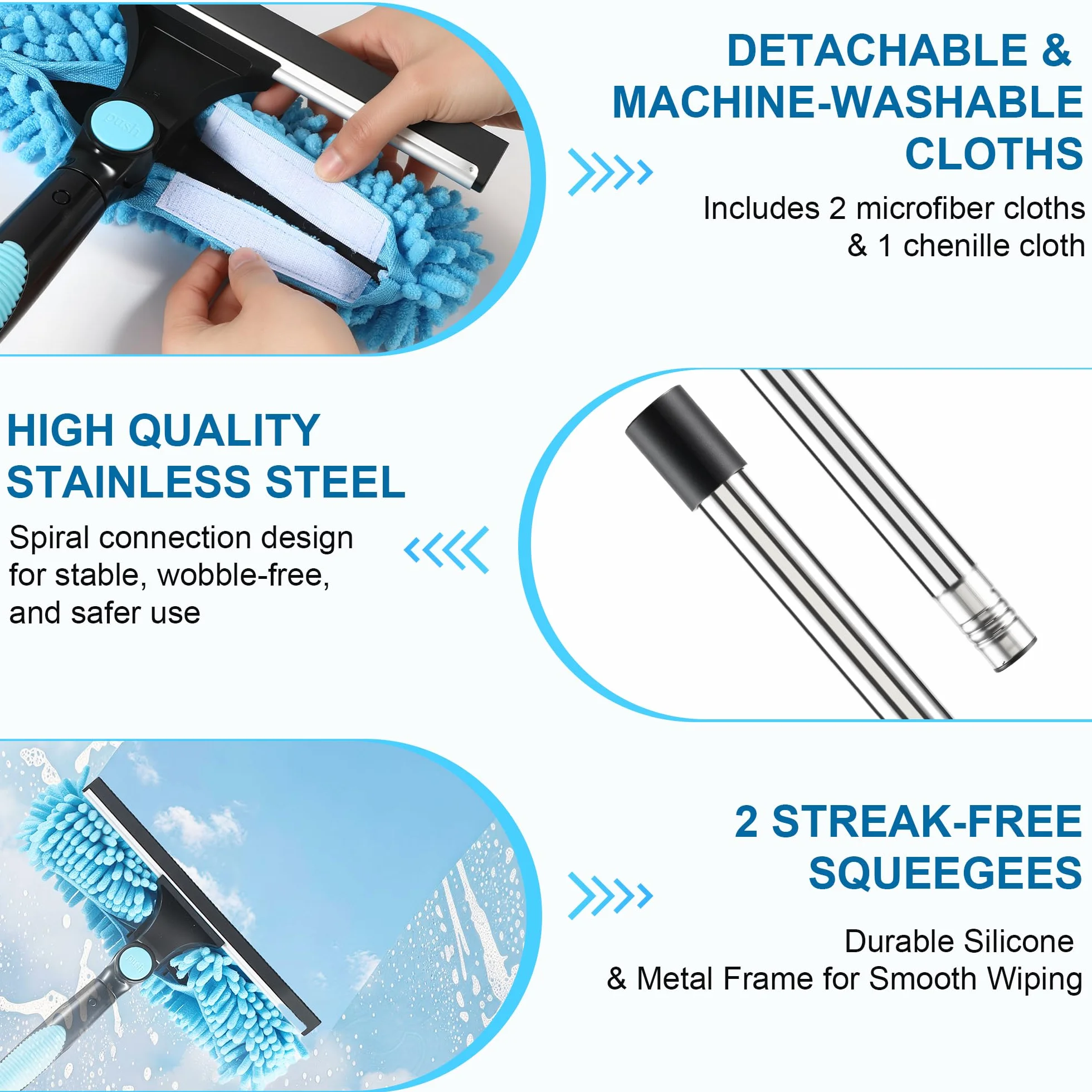 3 en 1 kit Nettoyage vitre 170 cm，Lave vitre telescopiqueavec Manche Long, Mouilleur vitre Professionnel avec Manche Télescopique 4 Sections, pour Fenêtres Hautes, l'Extérieur, Verre，Salle Bain