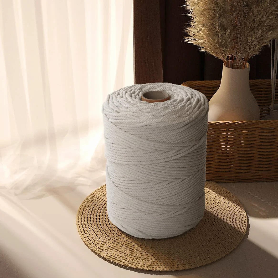 4 mm x 500 m Beige Cordon en Coton macramé Doux, 4 brins torsadés 100% Coton Naturel pour accrochage Mural, Bricolage, Artisanat, Tricot, accroche-Plantes, projets de décoration