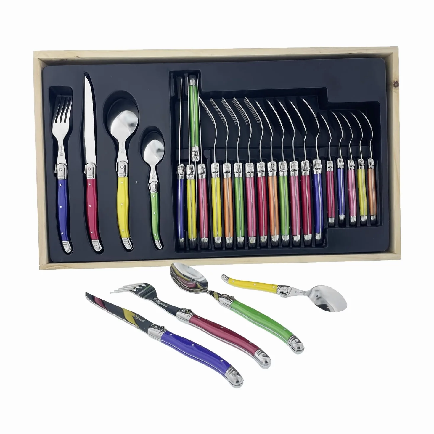 Pradel Excellence - I7214P - Ménagère Laguiole 24 Pièces - 6 Couteaux, 6 Fourchettes, 6 Cuillères à Soupe, 6 Cuillères à Café - Lames Inox - Manches ABS Pastel - Coffret Bois Élégant