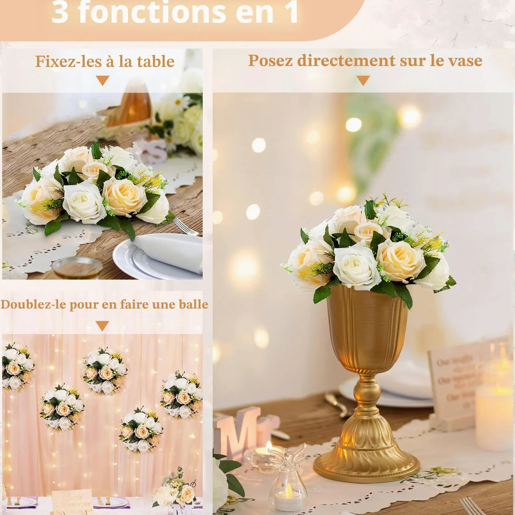 NUPTIO 10 Pièces Fleurs Artificielles, 15 Têtes de Roses Plastique avec Base, Convient au Centre de la Table Mariage Notre Magasin pour Les Fêtes Décoration de Saint Valentin(Champagne&Blanc)