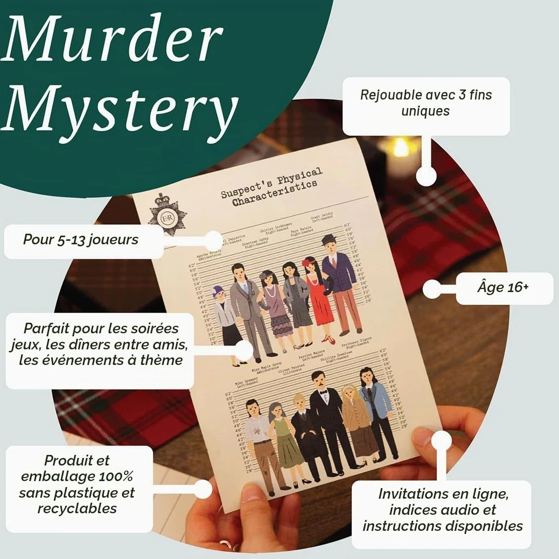 Jeu réutilisable Murder Mystery at the Manor After Dinner Party pour adultes, organisez votre propre soirée de jeux sur le thème des Highlands écossais, 3 fins alternatives pour déguisement, idée