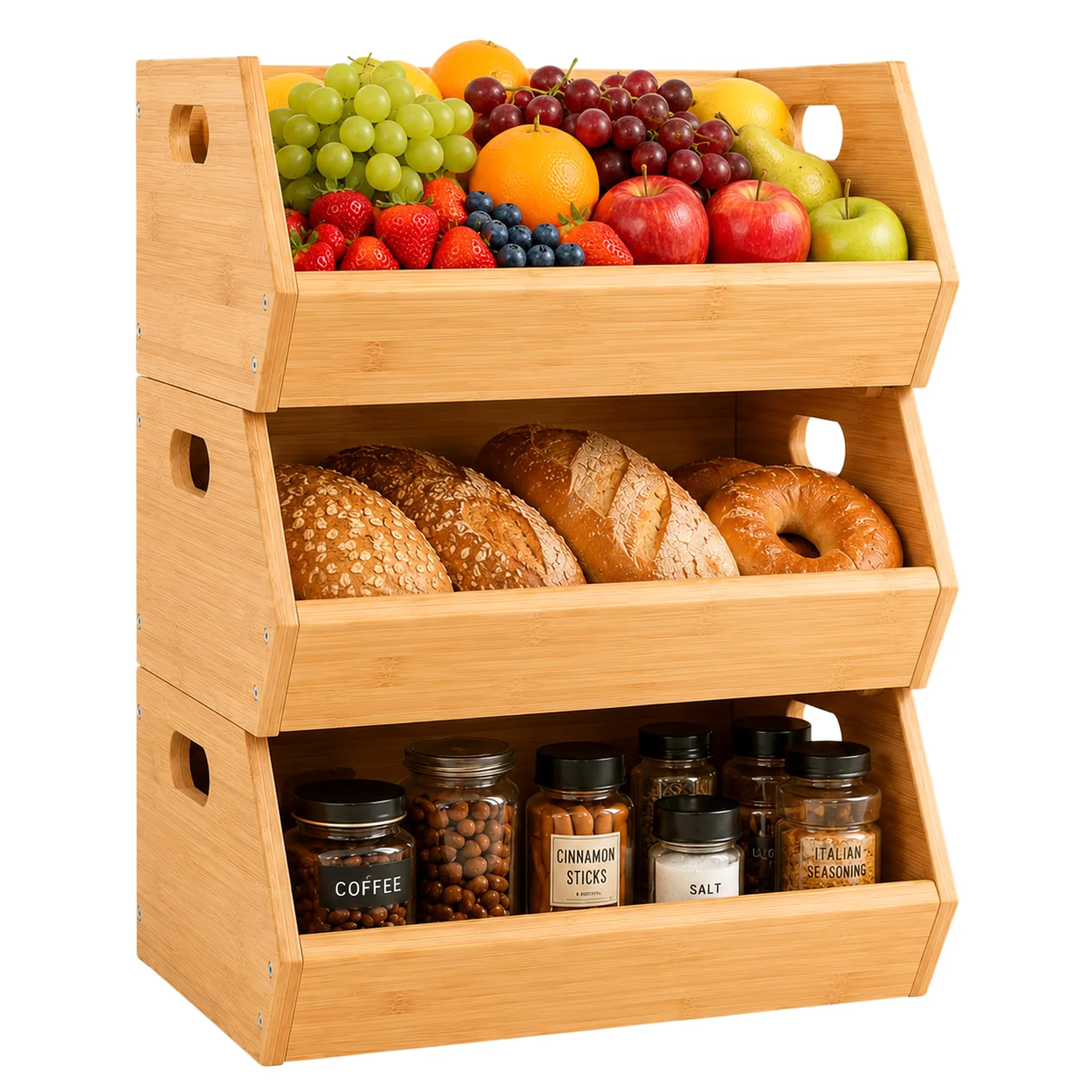 ADEL DREAM Panier à Fruits en Bambou à 3 Niveaux, Paniers Amovibles | 3 paniers séparés ou empilés, parfaits pour fruits, légumes, pain, snacks et objets du quotidien