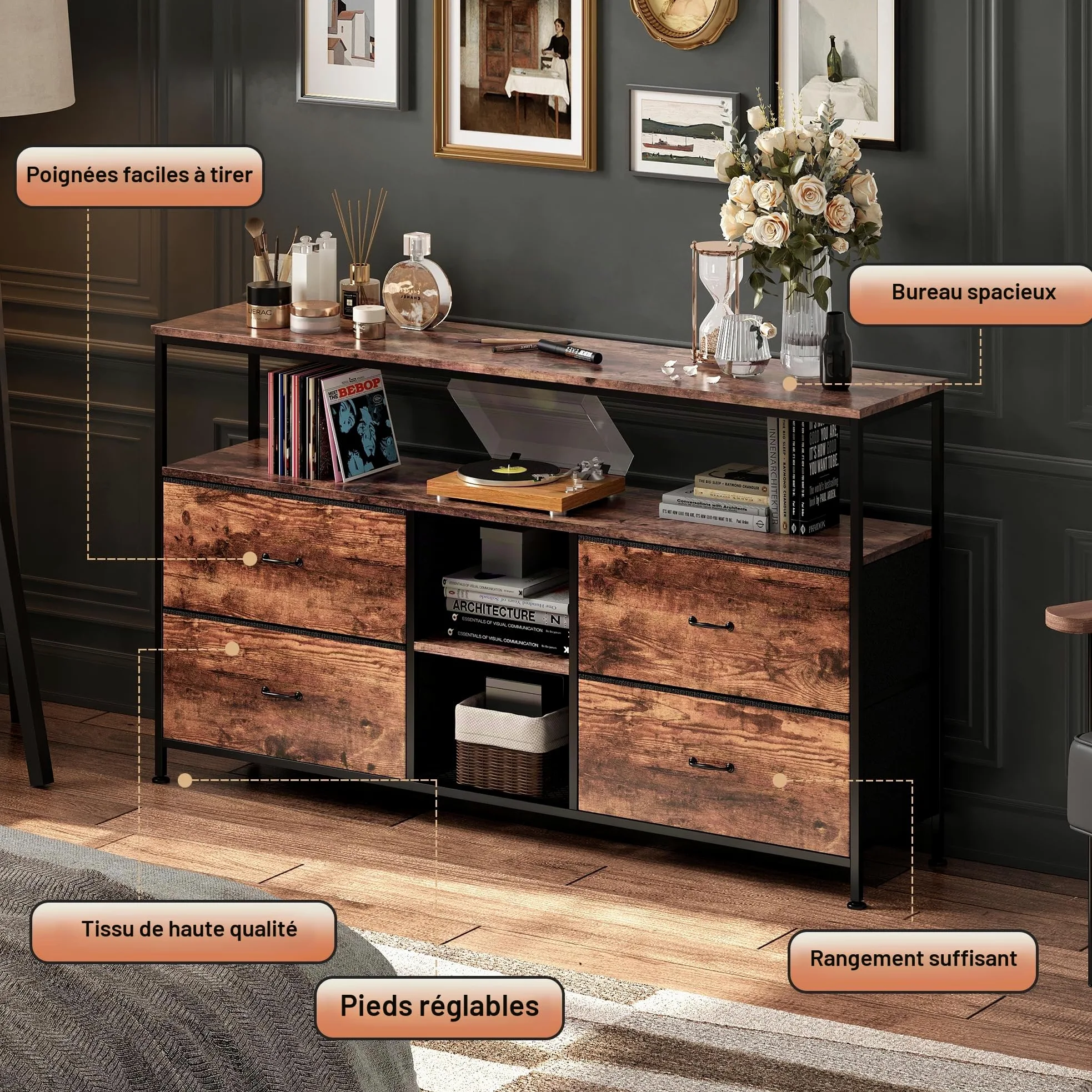 BRILVERDE Meuble TV LED 108cm avec 4 Tiroirs en Tissu PU, Banc TV Vintage, Meuble Télé avec Rangement, Buffet Multimédia pour Salon, Chambre (Rayures de Tigre, 108cm A)