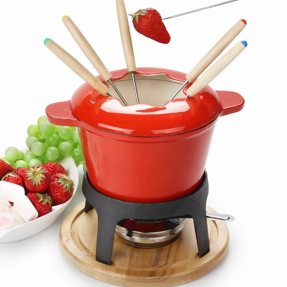 Fondue en Céramique en Fonte Fondue bourguignonne Fonte Service à Fondue au Fromage Avec 6 fourchettes Avec Brûleur Convient à Fromage Chocolat du Pain des Fruits Légume Guimauve (Rouge o2)