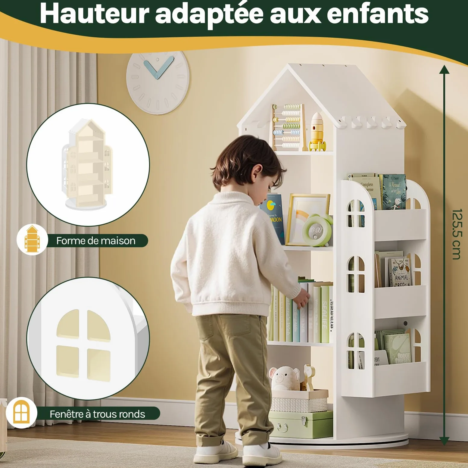 WOLTU Bibliothèque pour Enfants, Étagère Rotative à 4 Niveaux, Meuble de Rangement pour Jouets avec 13 Compartiments, Bibliothèque Blanche en Forme de Maison, 63x59x125cm