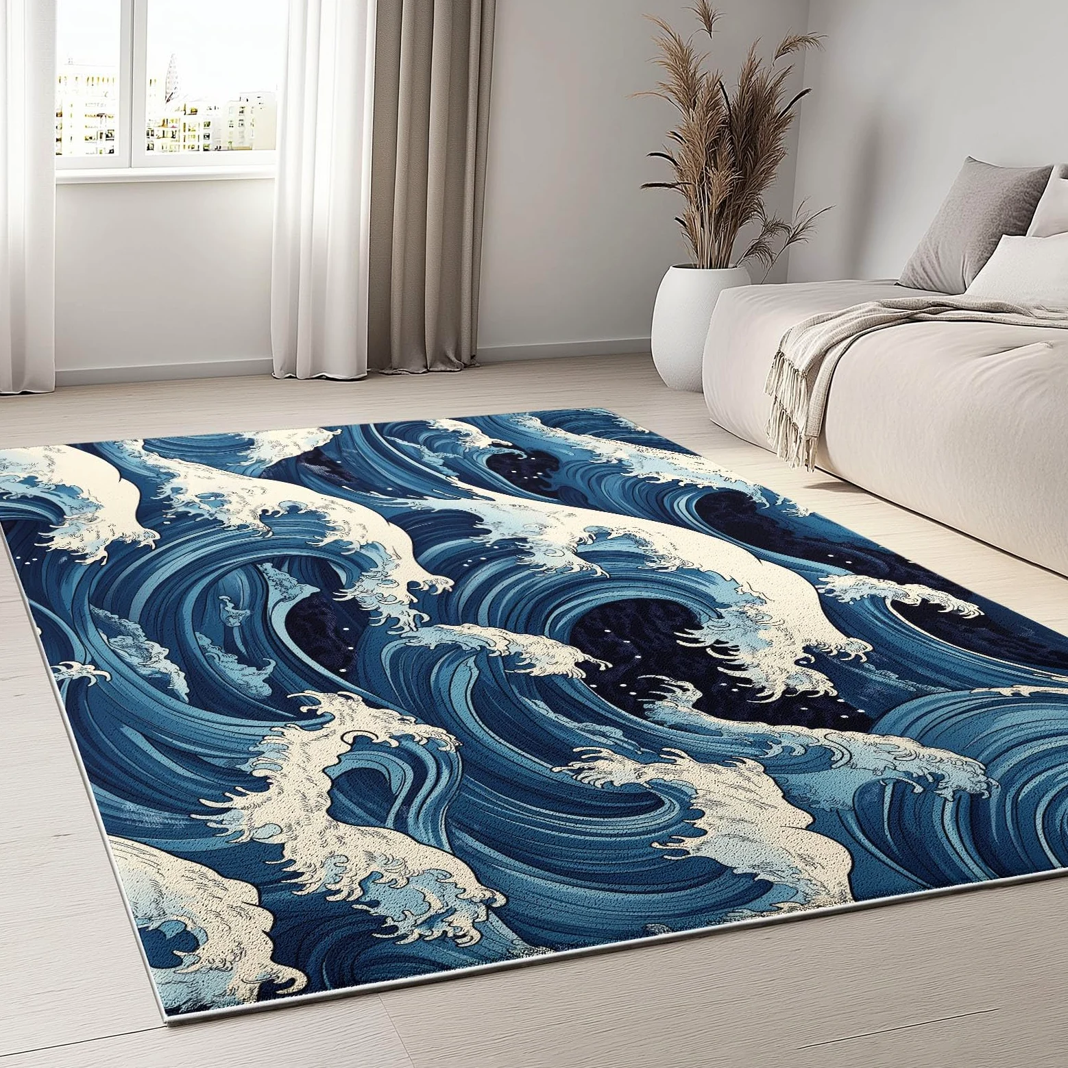 Tapis Poils Ras Motif Vagues À La Japonaise Tapis Salon Chambre Adulte Salle à Manger Bureau Tapis Imprimé à Poil Court Doux Fin Lavable 140 x 200 cm, Bleu Blanc