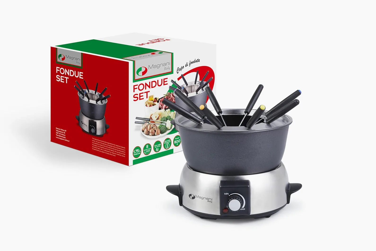 MAGNANI Appareil à fondue électrique pour 8 personnes. Fondue Chinoise, Bourguignonne, Savoyarde, Chocolat. Services à fondu capacité 1,75 Litres 800W.