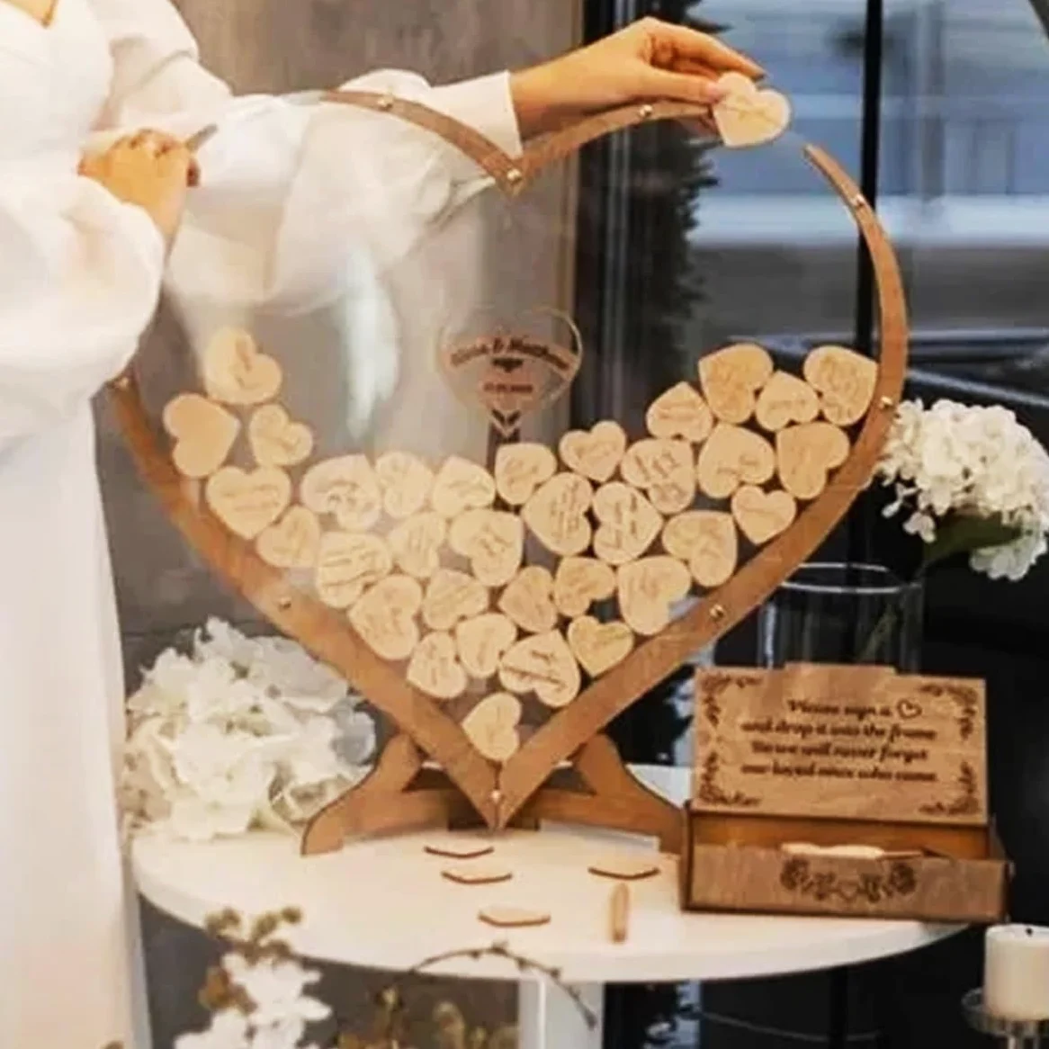 Alternative au livre d'or de mariage personnalisé, livre d'or personnalisé en forme de cœur transparent, boîte d'invités en bois en forme de cœur