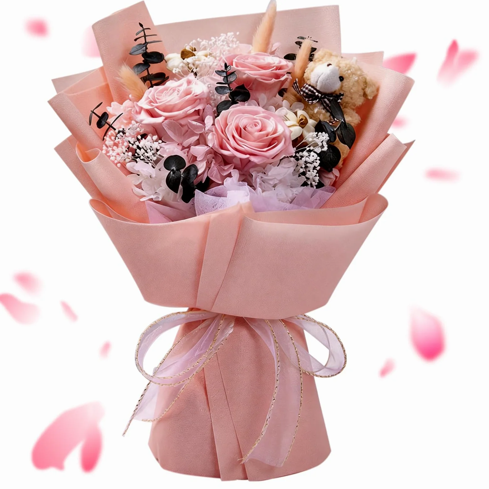 Bouquet de Roses Éternelles, Fleur Eternelle avec Un Ours, Fleurs Préservées avec Coffret Cadeau, Cadeau Femme, Maman, Épouse, Fête des Mères, Saint-Valentin, Anniversaire