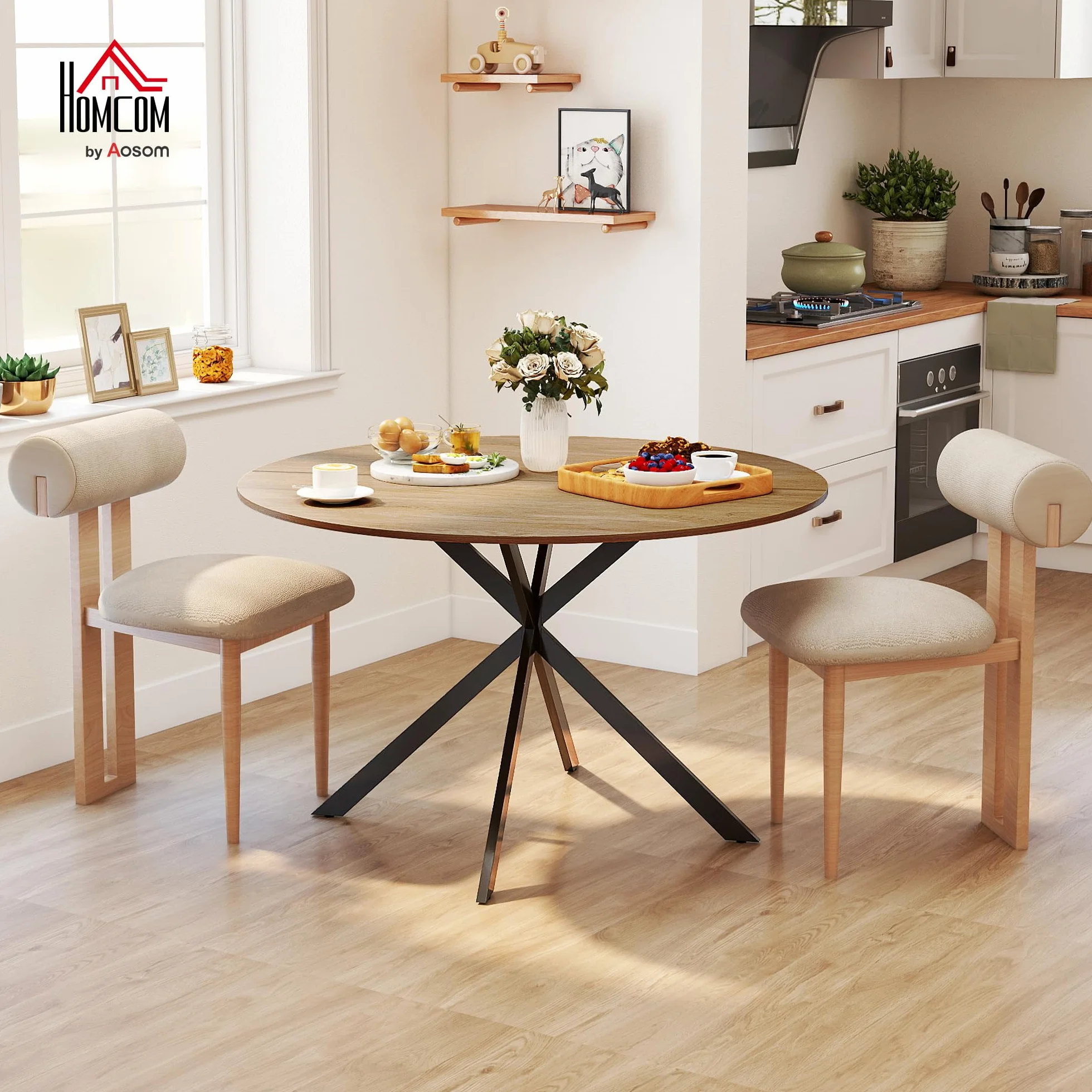 HOMCOM Table à Manger Ronde pour 4 Personnes Table de Cuisine 120 cm Style Industriel avec Plateau Aspect Bois et piètement croisé en Acier, chêne
