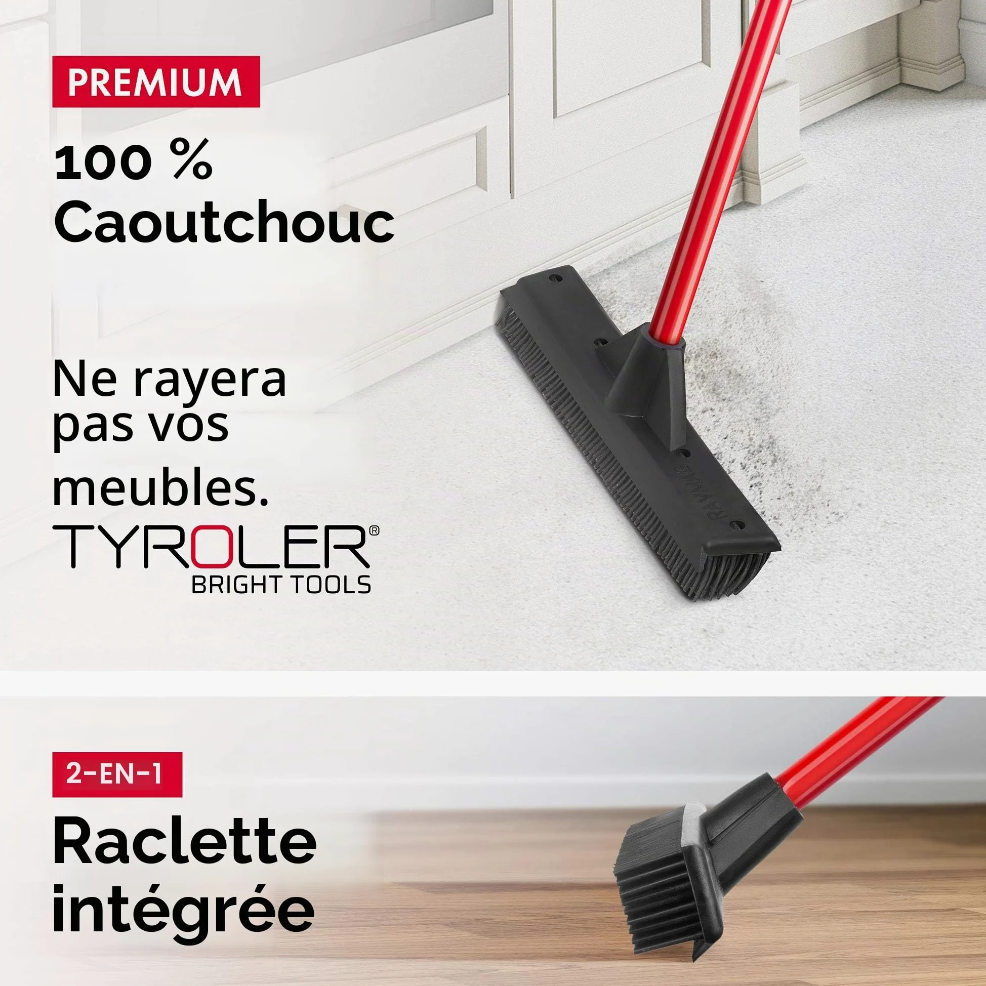 Tyroler Balai Caoutchouc & Raclette Sol | Tête De 33 cm Balai Bross Poils Animaux | Manche Anti-Rouille en 4 Parties de 140 cm pour Balais Coiffeur Caoutchouc Professionnel | Balais Nettoyer Sol
